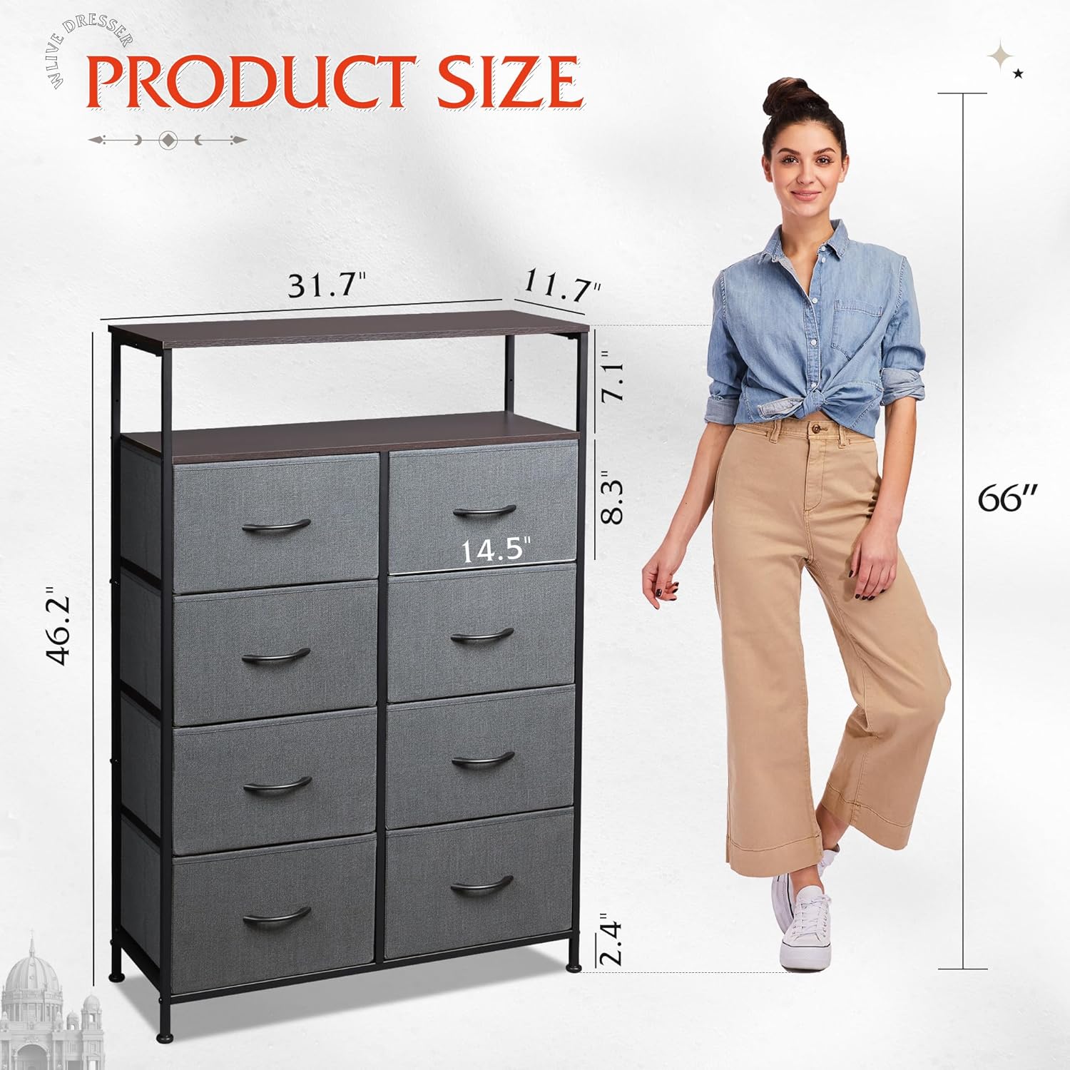 WLIVE Fabric Dresser for Bedroom with Open Shelves, Tall Dresser with 8 Drawers, Storage Tower with Fabric Bins, Chest of Drawers for Closet, Living Room, Hallway, Charcoal Gray - Image 3