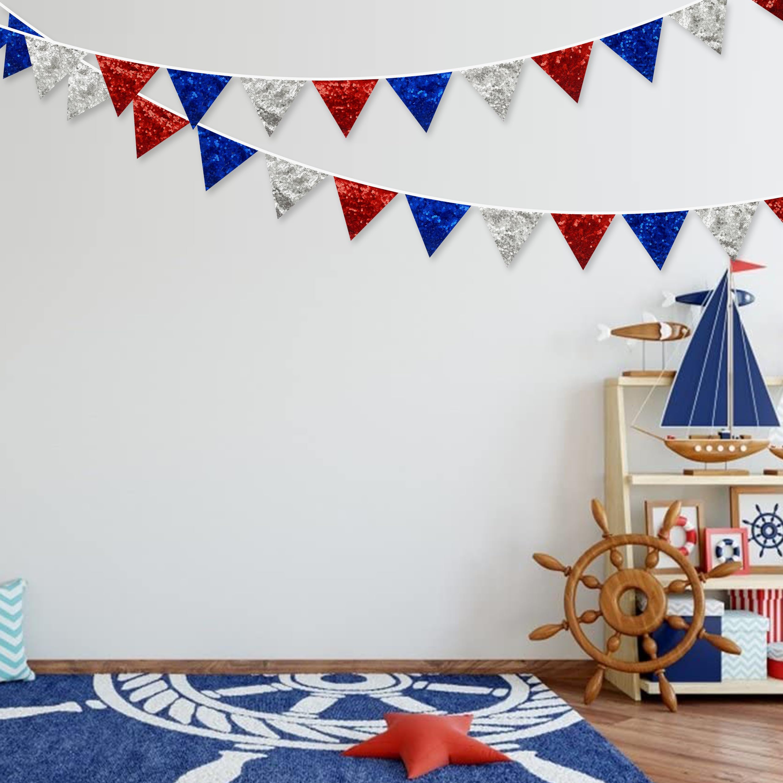 Guirlande Fanions Tissu 2,6 M - Double Face, 10 Drapeaux - Pour Fête Bébé, Mariage, Chambre Enfant - Bleu Joyeux