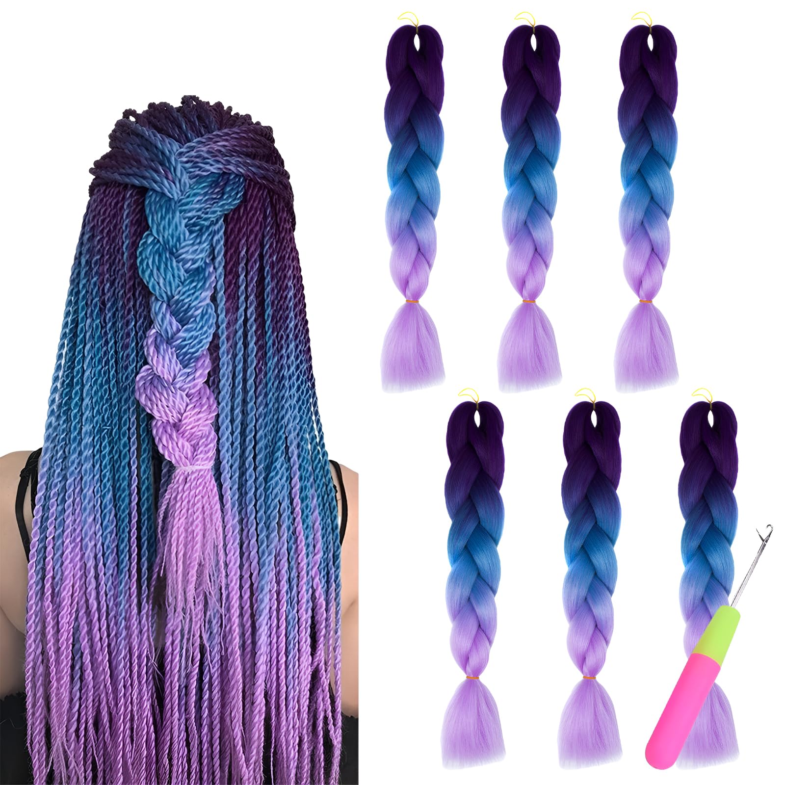 HMIEPRS 6 Piezas Extensiones para Trenzas, Sintetico para Trenzado Extensiones de Cabello Jumbo, Colorido Fibra Sintética Pelo para Trenzas Ganchillo (Morado+Azul+Morado Claro)