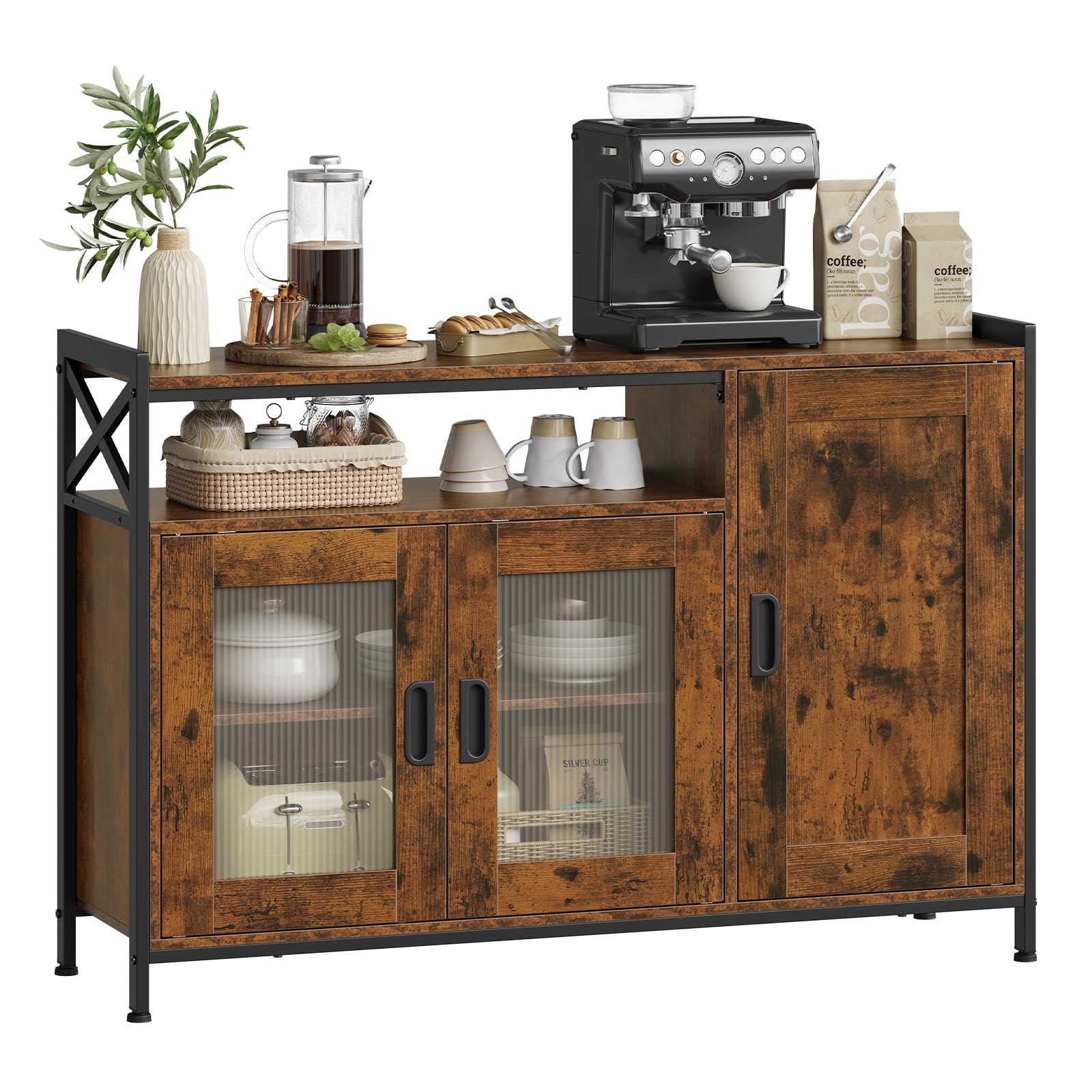WOLTU Buffet de Cuisine, Meuble de Rangement, avec 3 Portes, Plan de Travail et Compartiment Ouvert, pour Cuisine, Salon, Entrée, 110x33x75 cm, en Bois + Métal, Marron Rustique