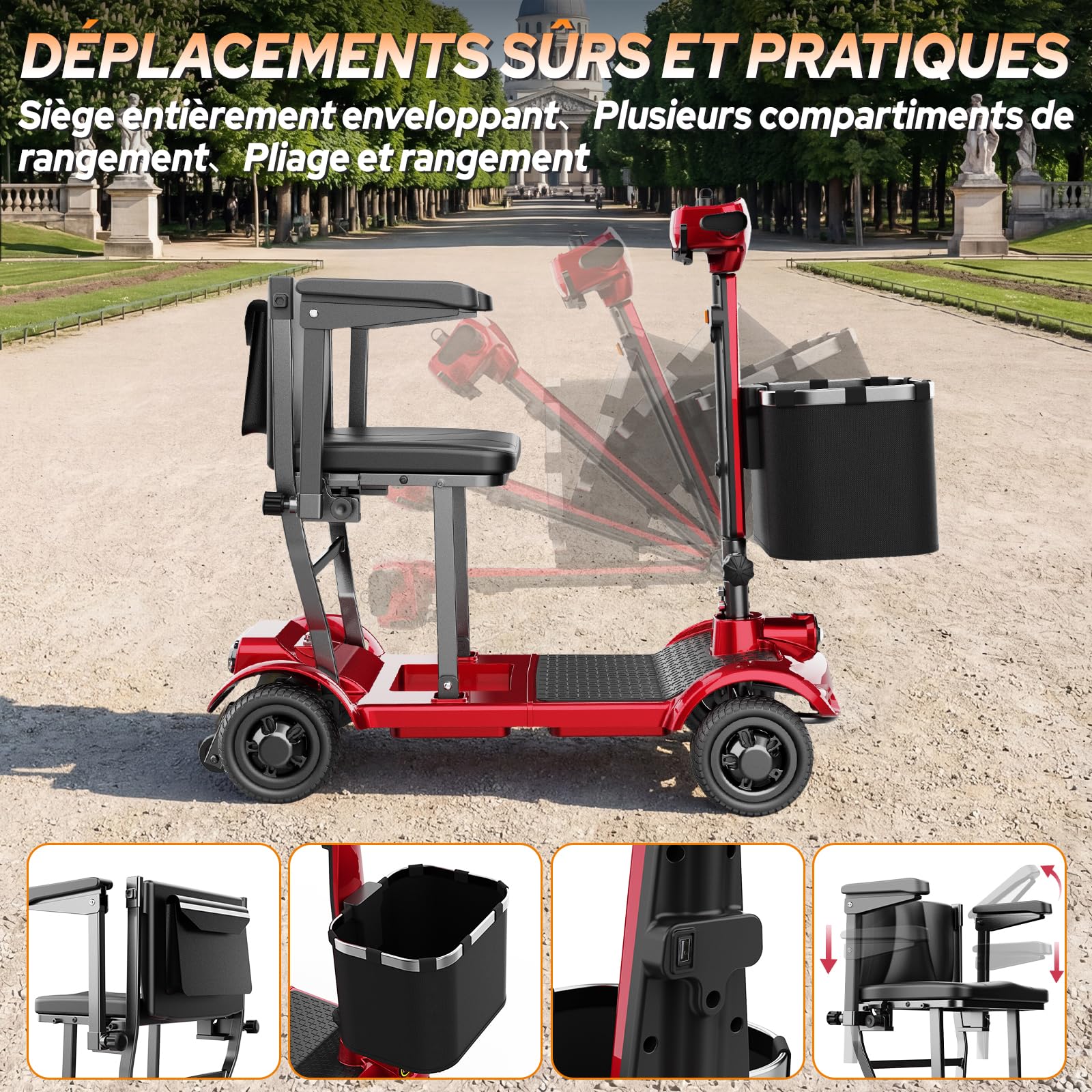 TODIMART X17 Scooter de Mobilité à 4 Roues,Autonomie Longue 30–35 km,20kg Pliable et Légère pour Adultes et Seniors,Écran Numérique LED,Lumières Vives,130kg,Scooter Electrique Leger