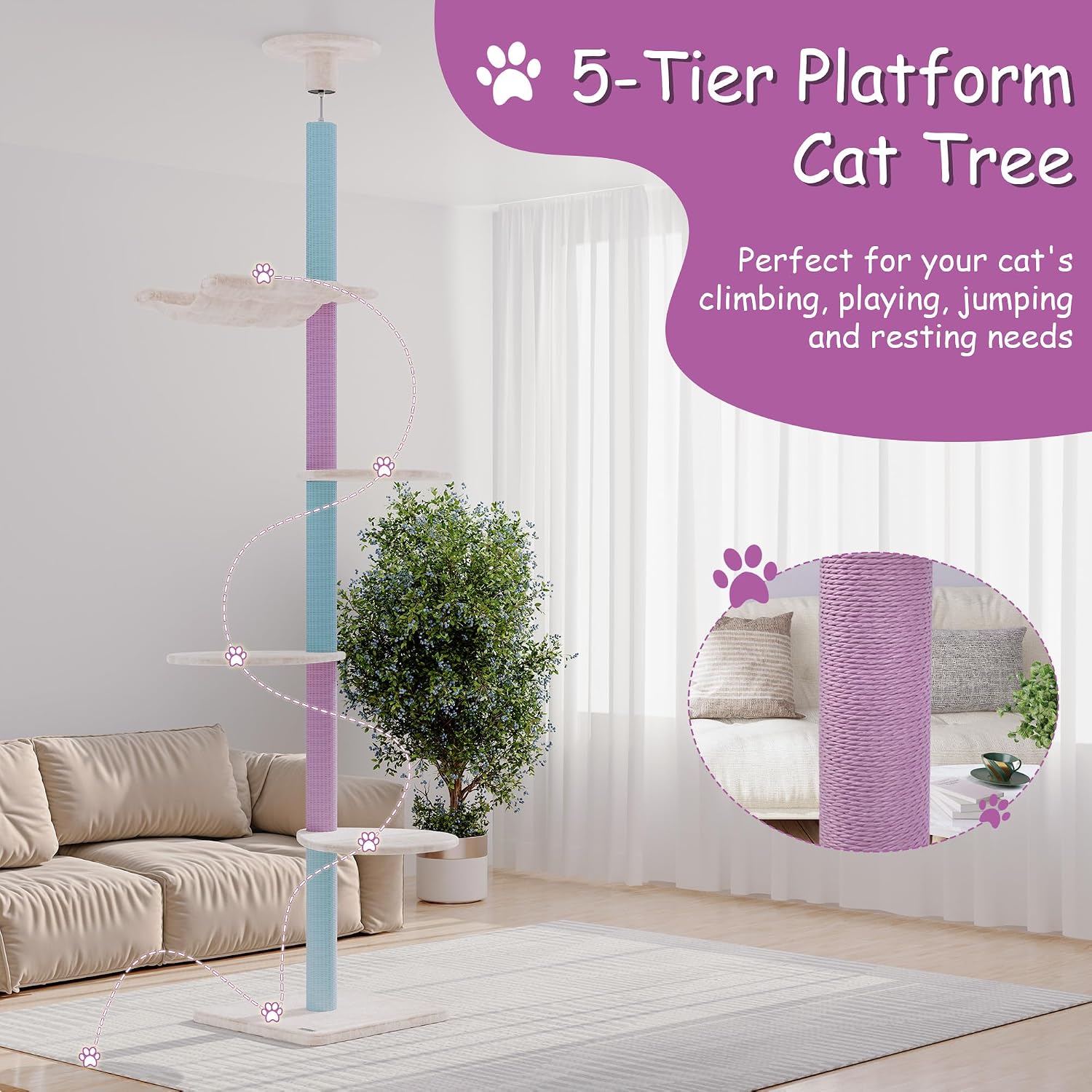 review KAMABOKO Floor to Ceiling Cat Tree Ajustable Height [96.8-108.3 Inches], 5 Tiers Tall Cat Tower with Cat Hammock and Scratching Post for Indoor Cats, Blue and Purple