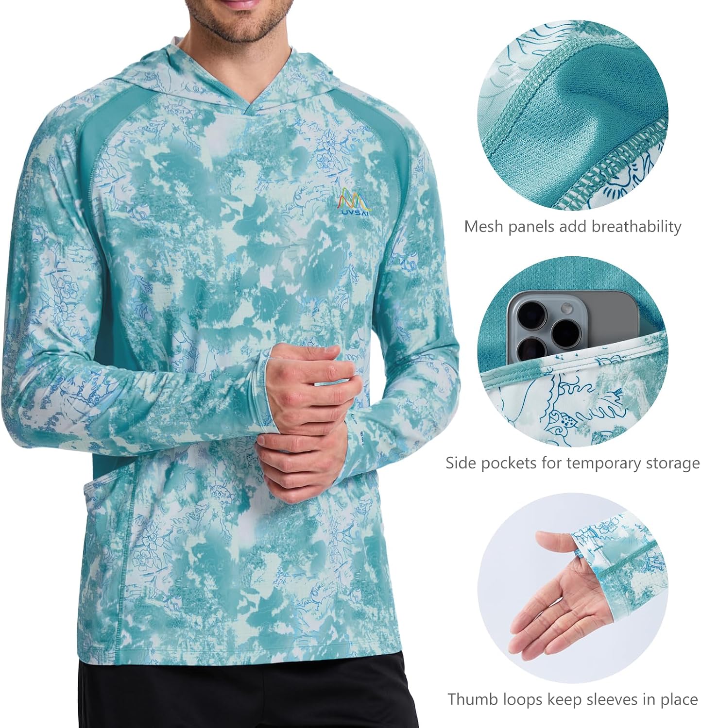 Men’s UPF 50+ Hoodie Shirt Long Sleeve Permanent UV Sun Protection Vented Tee Performance for Outdoor Hiking Fishing