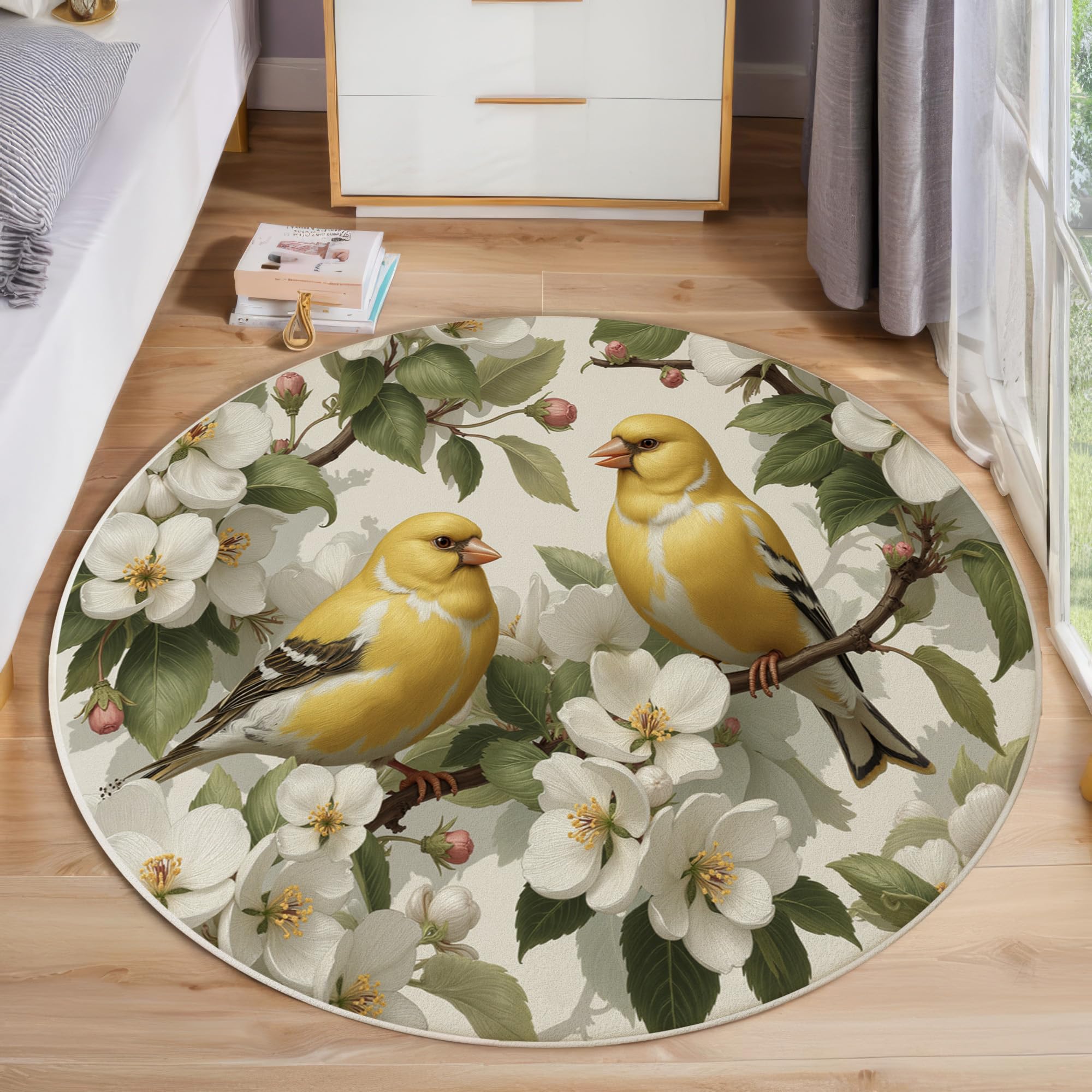 Tapis de salon rond 80cm vert à motifs fleurs d'oiseaux jaunes