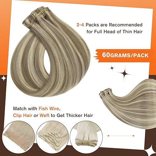 Miniatura 3 de Full Shine - Extensiones de cabello humano real con clips, 20 pulgadas, rubio oscuro con reflejos rubio platinado, cabello Remy lacio y largo, 2.11