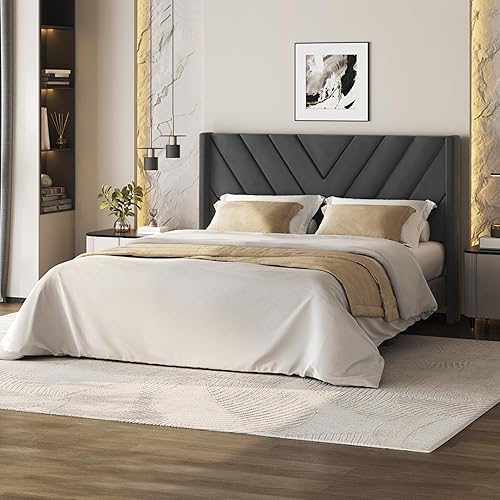 Miniatura 15 de Yaheetech Base de cama tamaño Queen con plataforma tapizada con lados en forma de ala/soporte de listones de madera/cabecera copetuda con lados en