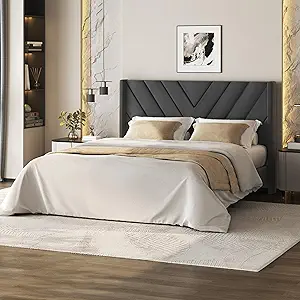 Yaheetech Queen Bed Frame Upholstered Platform Bed with Wing Side/Wooden Slat Support/Tufted Headboard with Wing Side/Mattress Foundation/No Box Spring Needed,Deep Gray Queen Bed