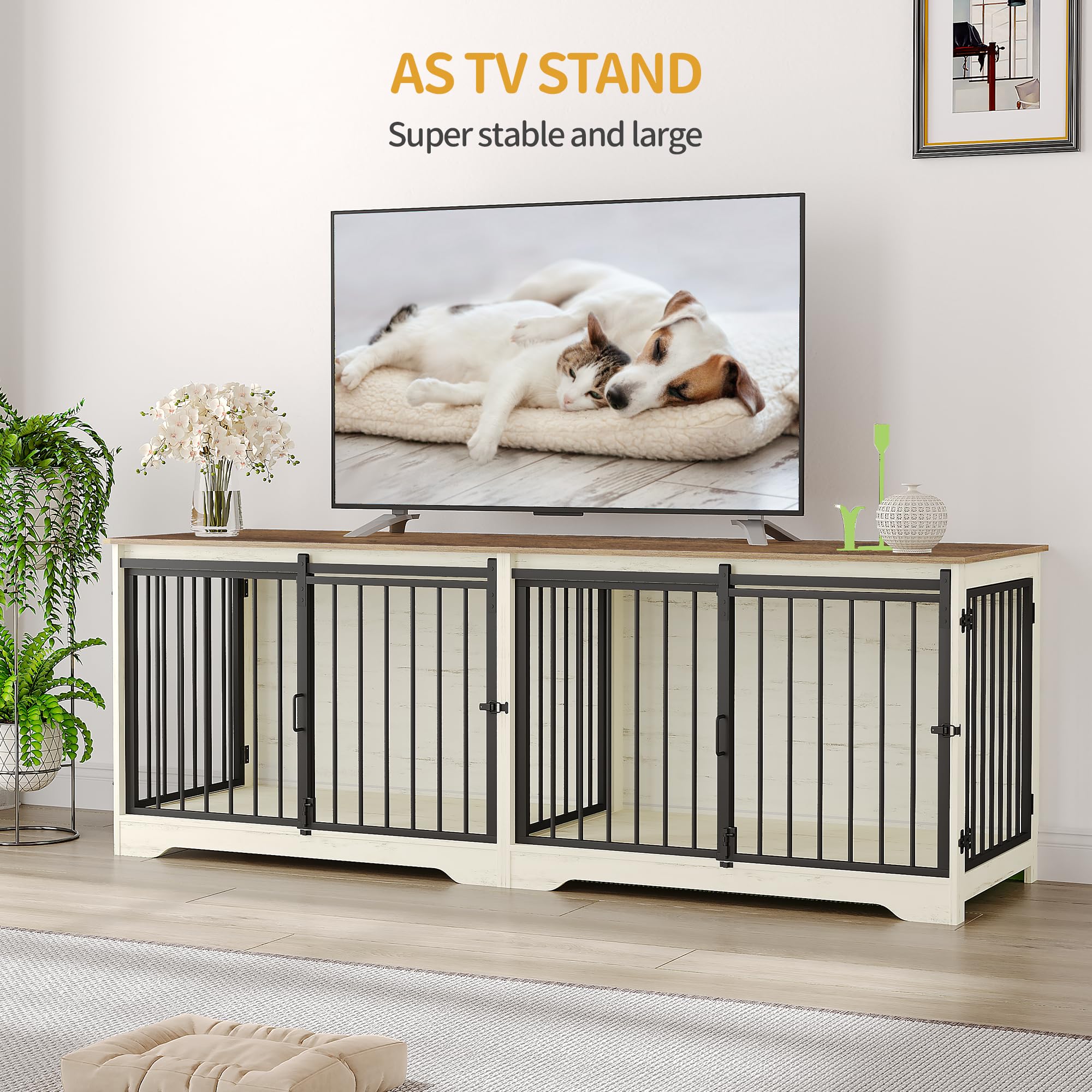 Hzuaneri Meuble pour Cage de 2 Chiens, Cage Double avec Séparateur, Niche en Bois, Cages avec Porte Coulissante, Design Meuble TV pour Chiens de Moyens et Grands Taille, Blanc et Marron DFC93714B