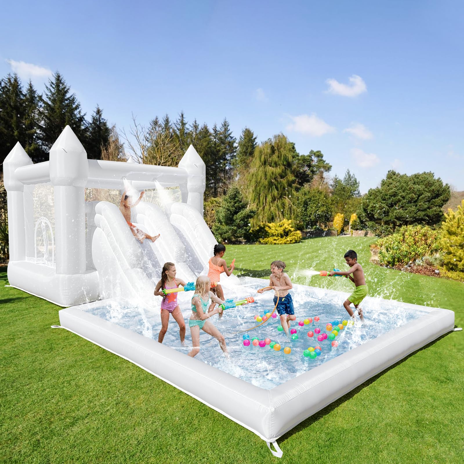 Inflatable Water Slide Bounce House. Double Slides ?Oxford Fabric Bounce House?Perfect for Kids, Family, Wedding Birthday Party?White?