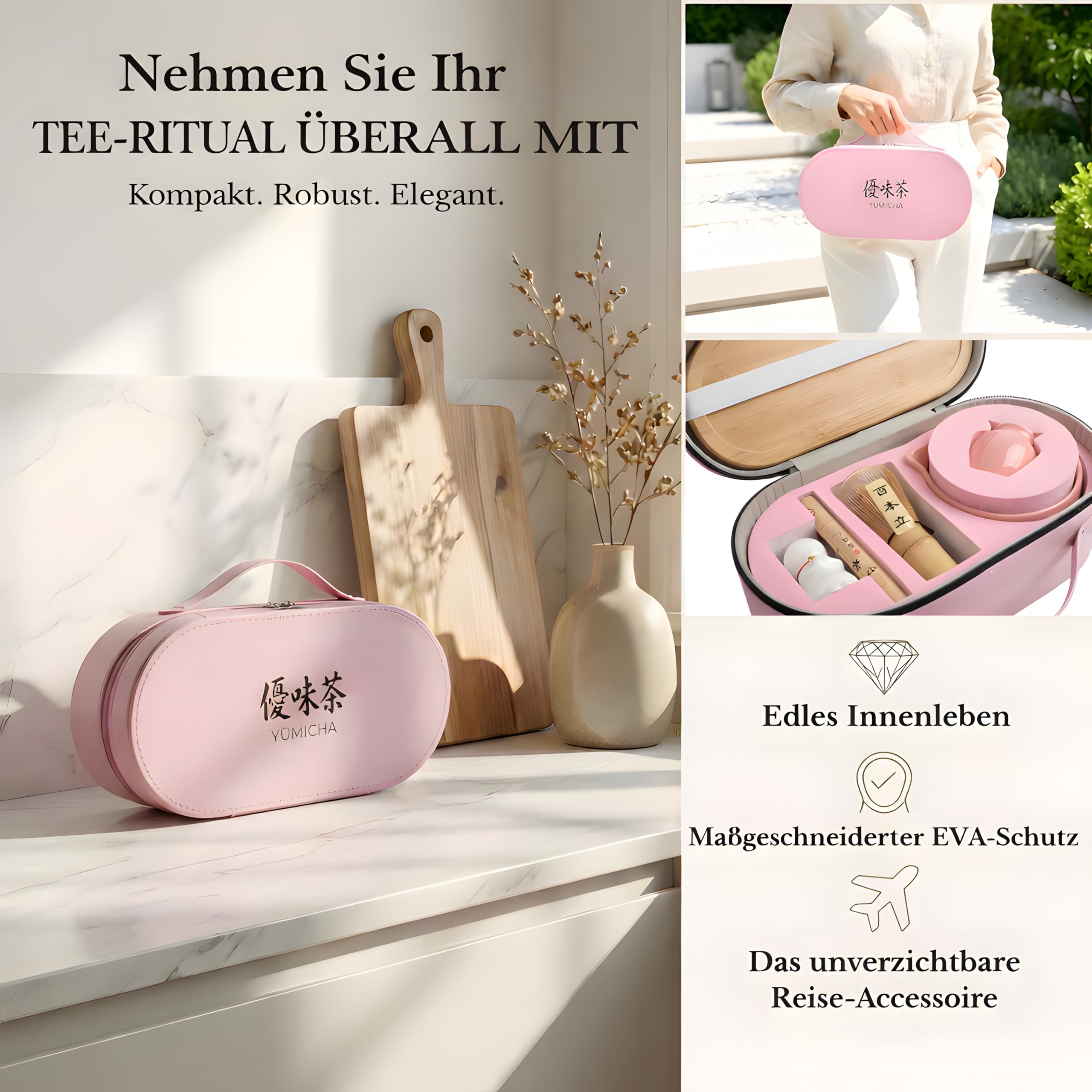 Matcha Set mit Bambusbesen, Keramikschale & Sieb – Matcha Tee Starter Set inkl. Löffel, ideal als Geschenk – Premium Matcha Kit – Rosa