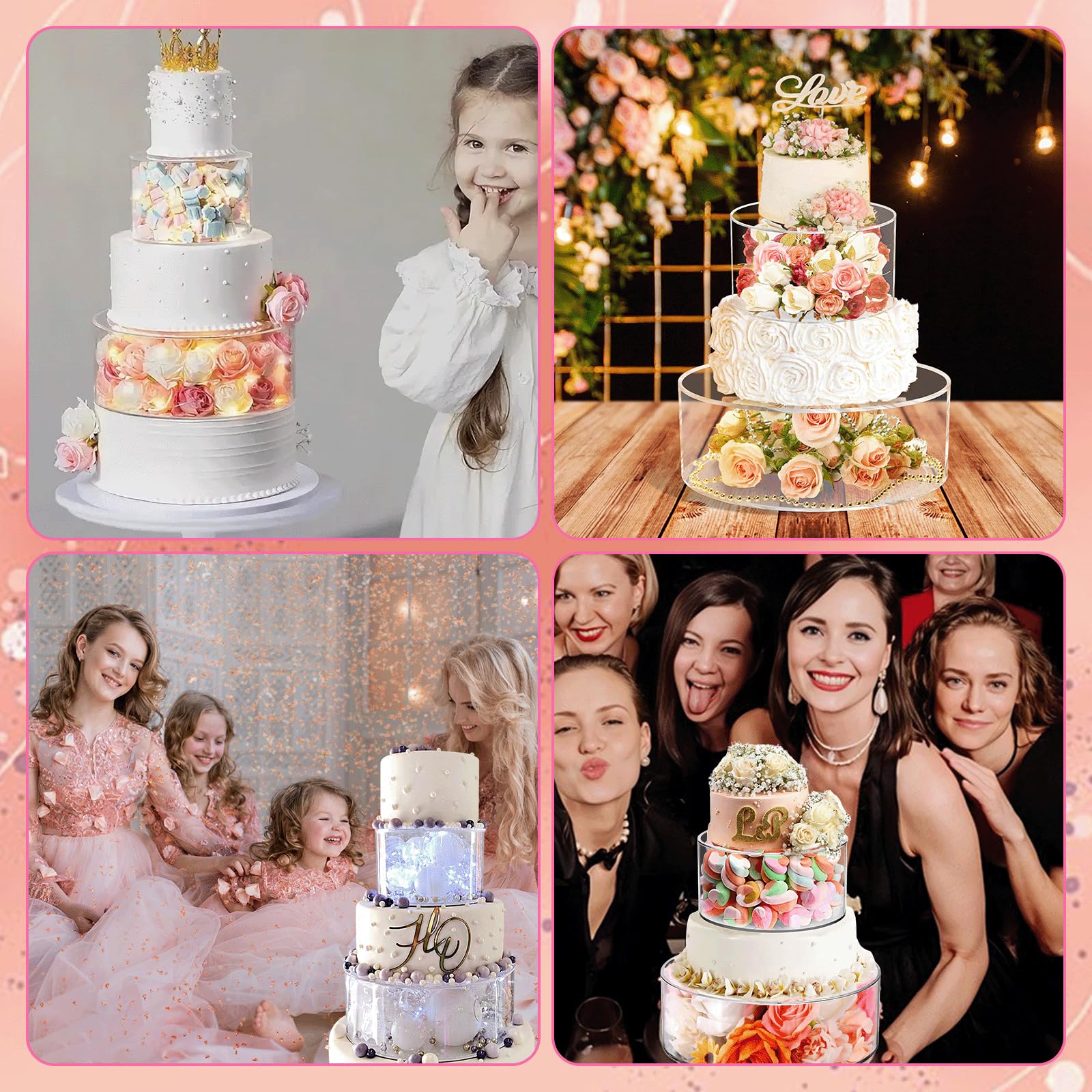 Soporte Acrílico para Tartas, 15cm+25cm Soportes para Tartas Rellenables de Acrílico Transparente con Cadena de Luz Apilables Soporte para Exhibición de Pasteles para Bodas Baby Shower Cumpleaños