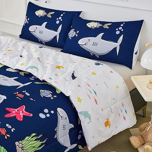 Miniatura 6 de RYNGHIPY Juego de ropa de cama infantil reversible con estampado de animales del océano para niños y niñas, juego de ropa de cama de microfibra
