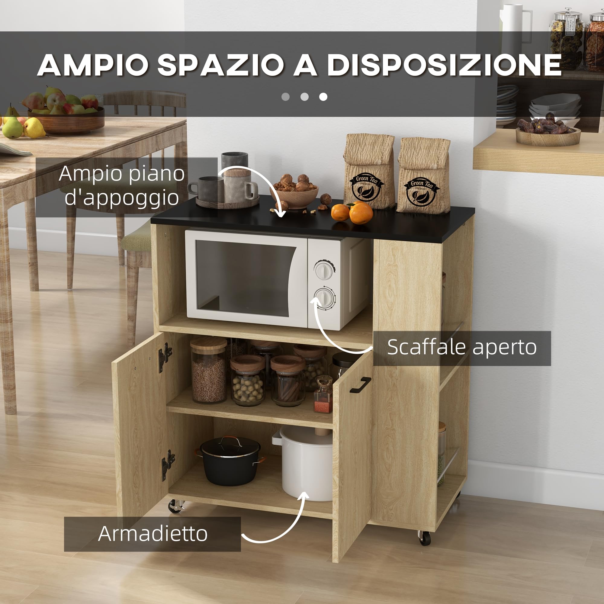 HOMCOM Carrello Cucina con Ripiano Aperto, Armadietto a 2 Ante e Scaffale Laterale a 2 Livelli, Carrello Multiuso con Ripiano Regolabile in Legno, 75x40x80.5 cm, Color Rovere e Nero