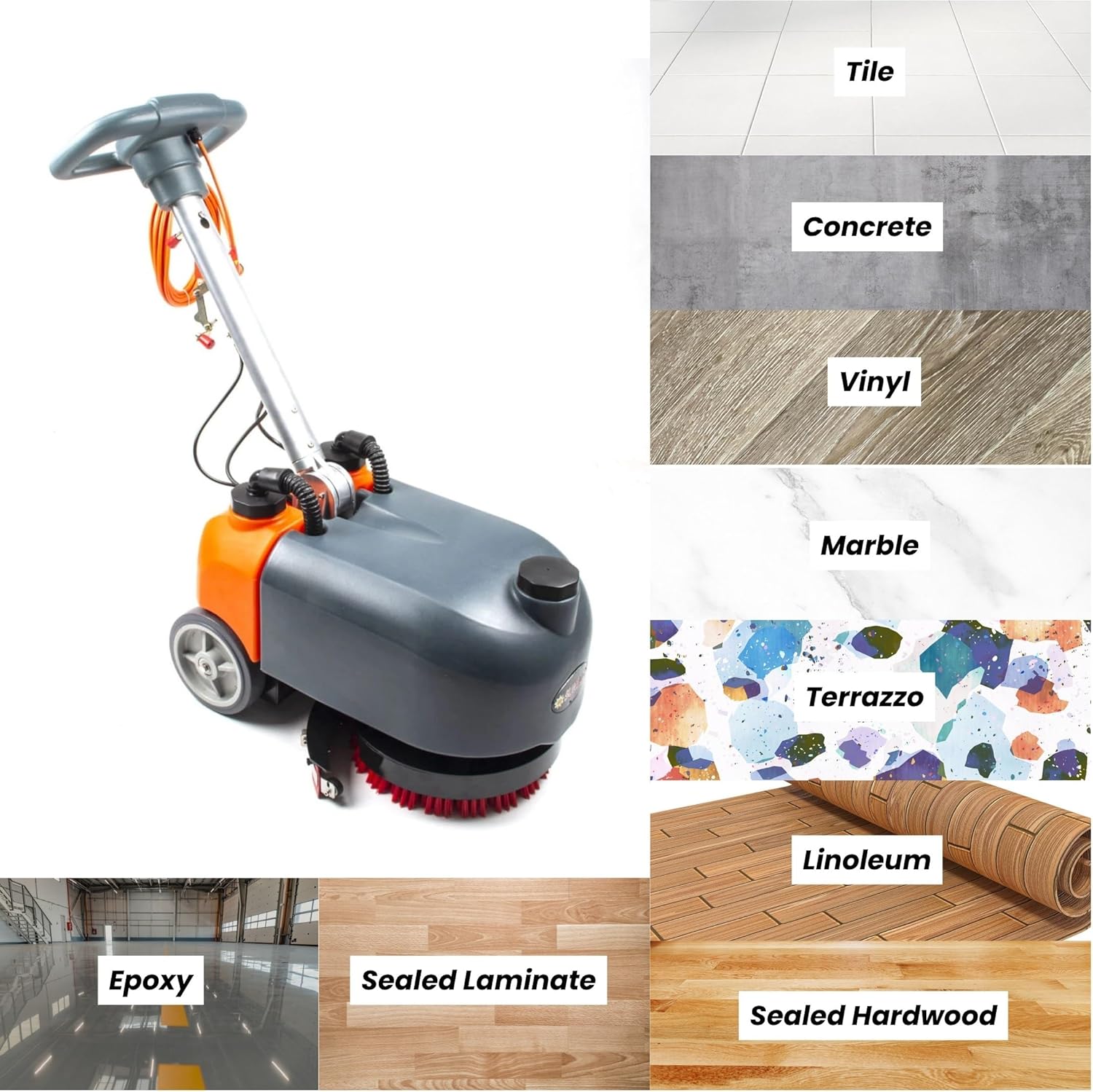 14" Walk-Behind Commercial Floor Scrubber Machine, 18" Squeegee, 3/4-Gal Tanks, 180 RPM, 26-ft Corded Hard Floor Cleaner for Offices, Cafes, Boutiques, Clinics & Tight Spaces