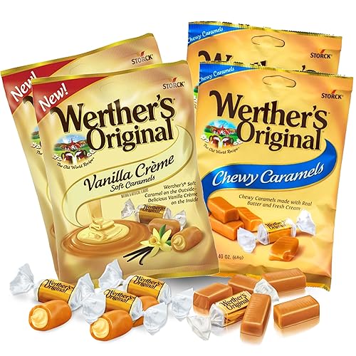 Werthers Original Vanilla Creme - Caramelos suaves y caramelo masticable, paquete de 4 (2 de cada uno)  Caramelo suave Werthers envuelto