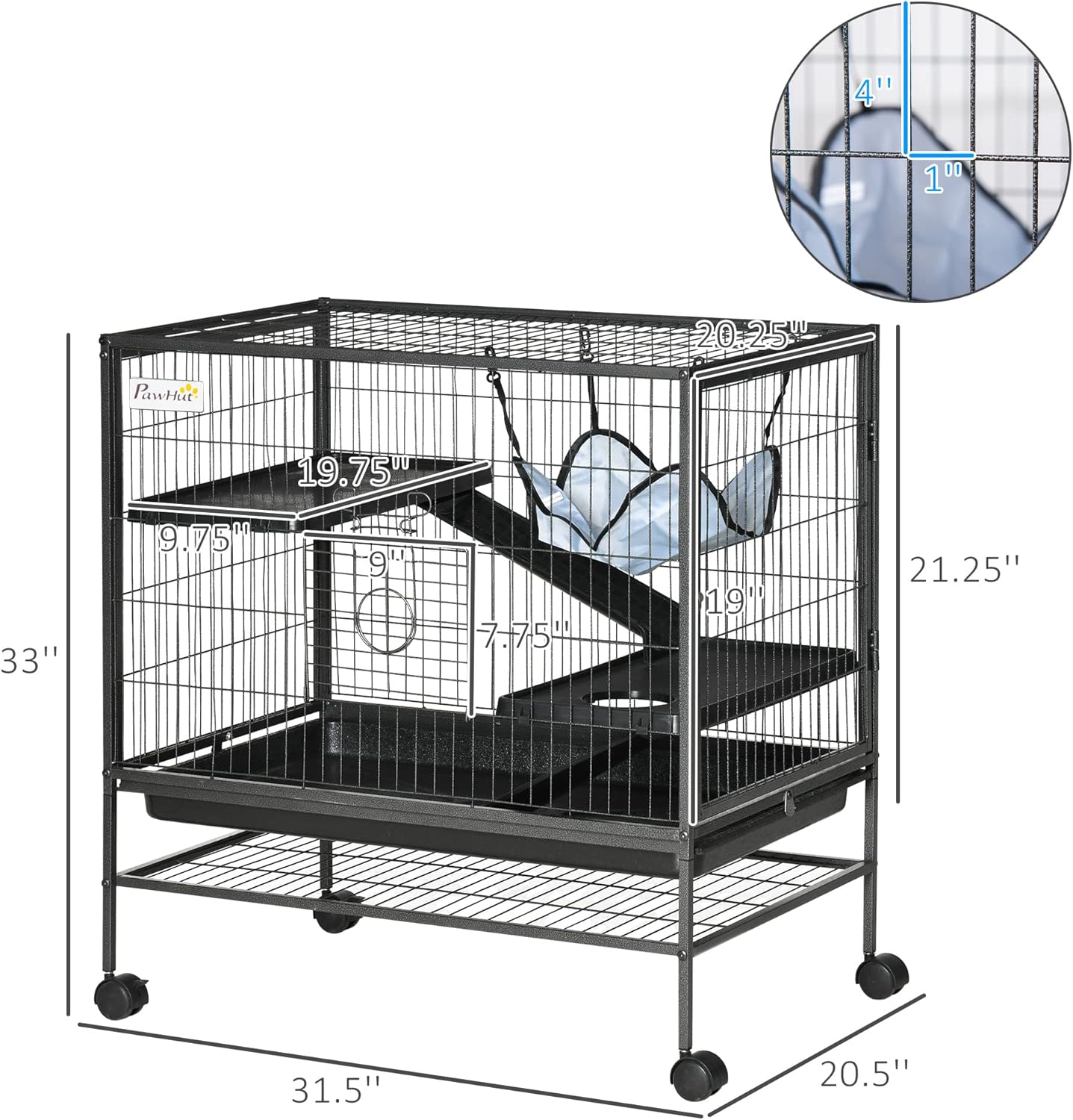 PawHut Small Animal Cage with Wheels, Pet Playpen for Syrian Hamster, Cat, Ferrets, Chinchillas with Bottom Storage Shelf, Removable Tray, Ramp, 31.5" x 20.5" x 33.1"