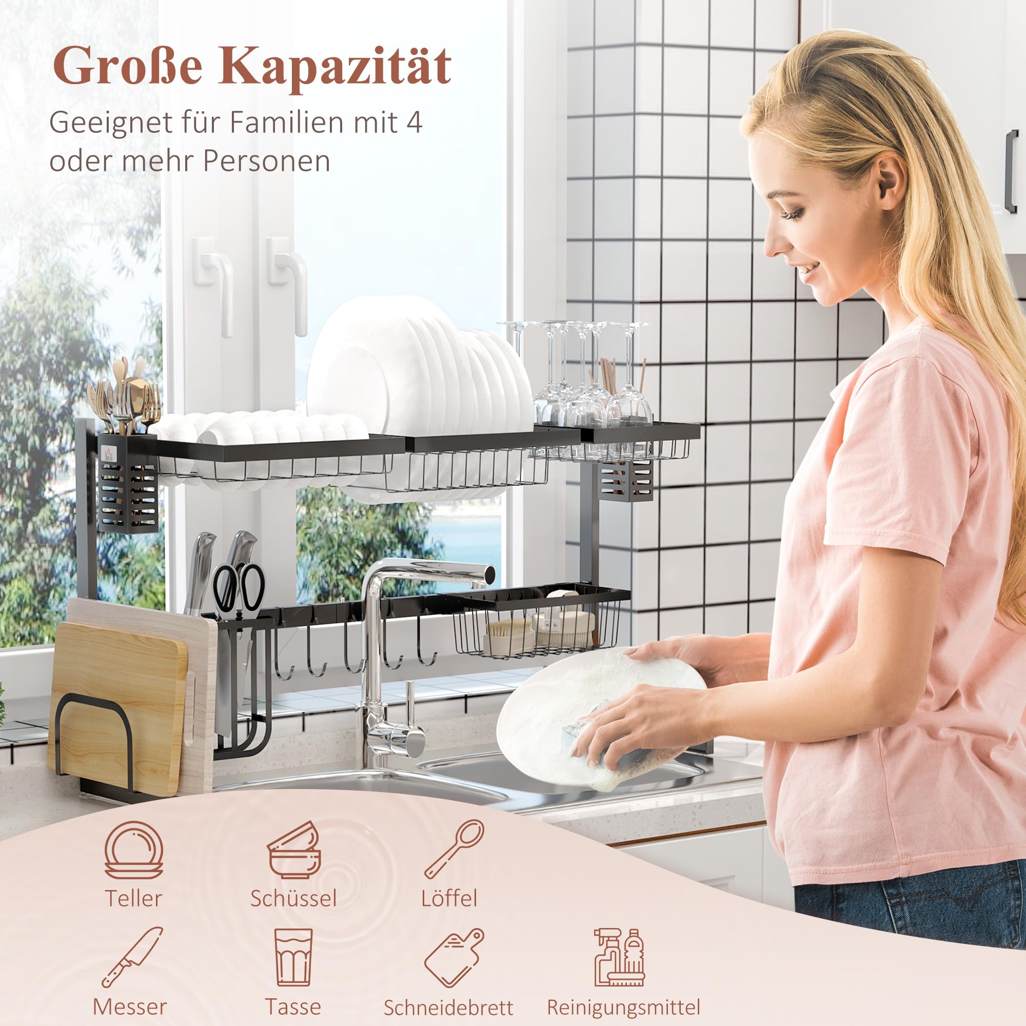 HOMCOM Abtropfgestell Geschirr 2-Stufiges Abtropfschale Stahl Schwarz | Abtropfständer mit Haken, Abtropfgitter Gestell für Küchenspüle