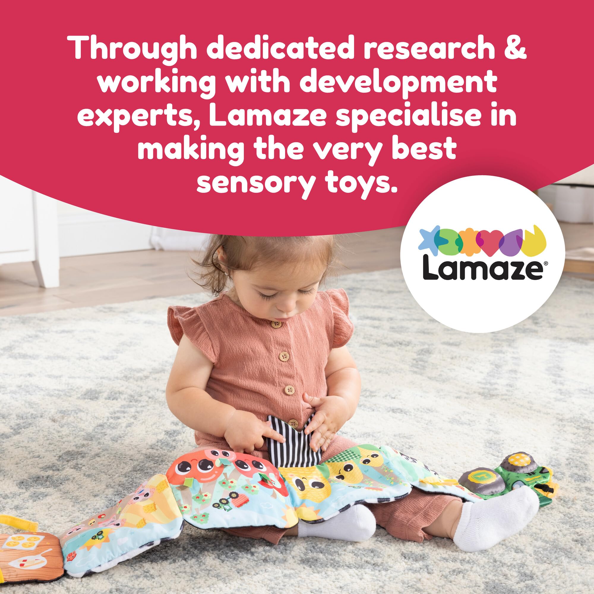 Lamaze John Deere Farm to Table Journey, miękka rozkładana książka dla niemowląt z kolorowymi i czarno-białymi panelami, marszczone dźwięki, piszczałka, wstążki, gryzak, zabawki sensoryczne dla
