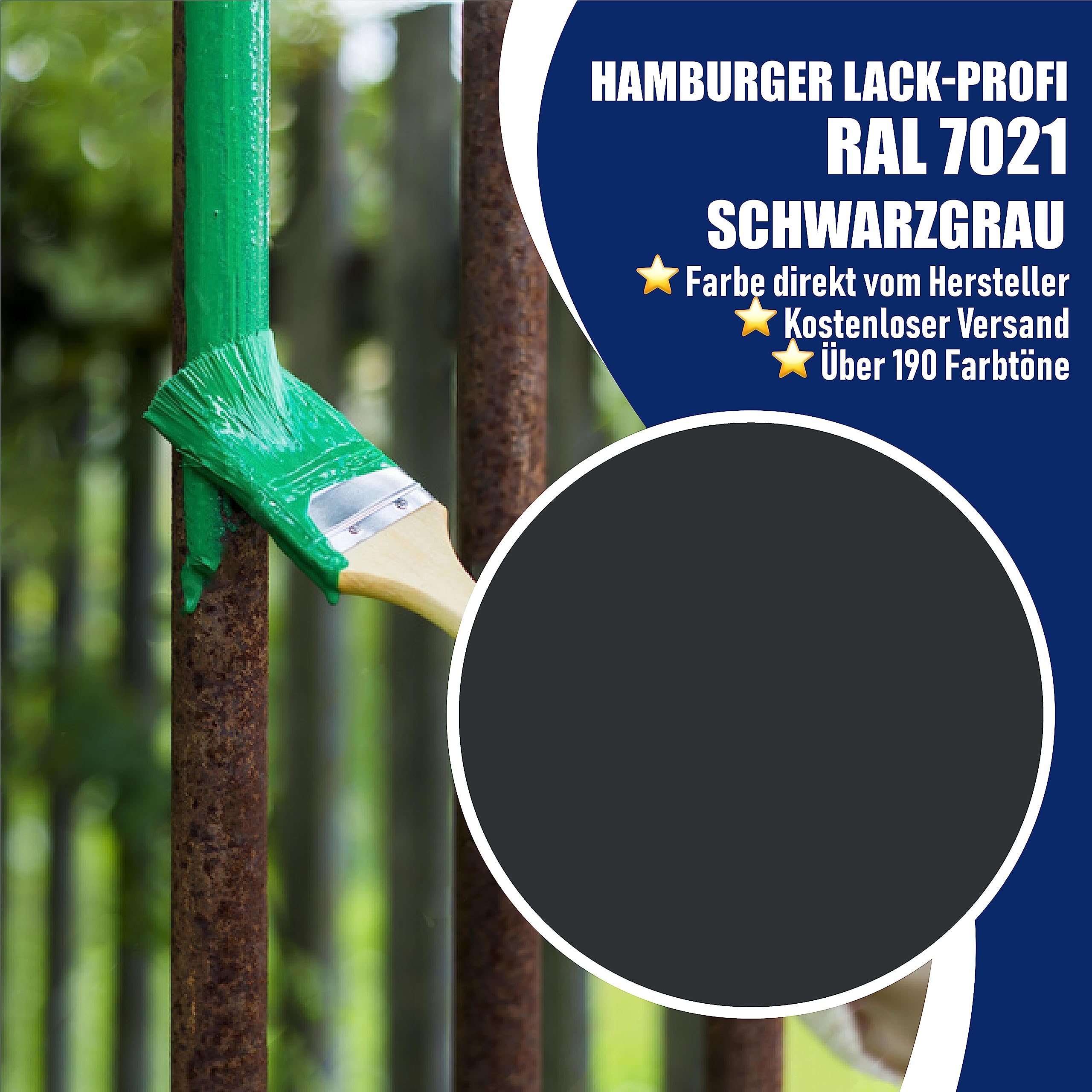 Metallschutzlack 3in1 SEIDENMATT Schwarzgrau RAL 7021 Grau Metallschutzfarbe 3-in-1 Grundierung, Rostschutz und Deckanstrich in Einem Metalllack Metallfarbe // Hamburger Lack-Profi (2,5 L)