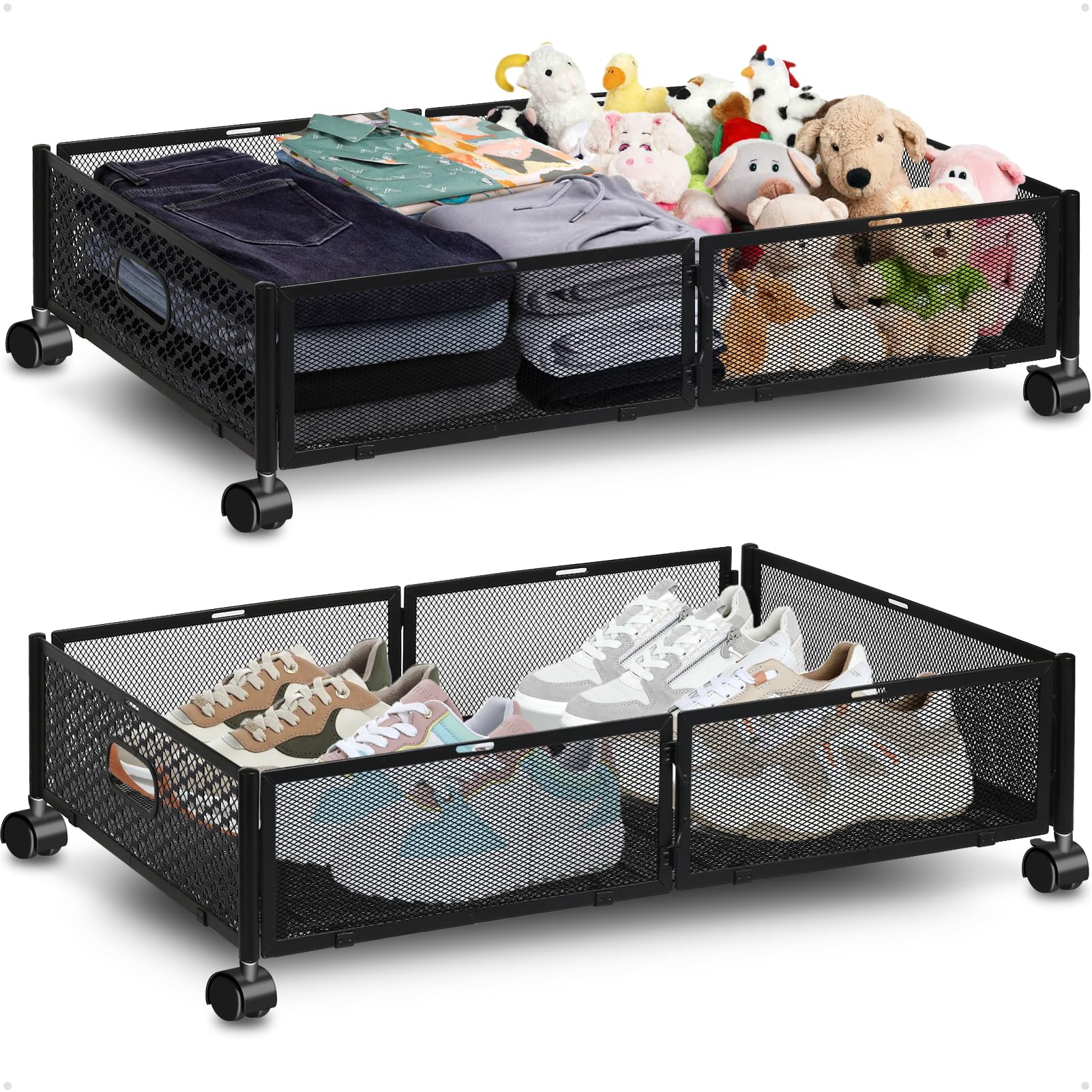 punemi Under Bed Storage with Wheels, 2 Pcs Underbed Storage Containers Rolling Drawers with Handle, Metal Under Bed Shoe Organizers for Clothes, Tool-free Assembly -Black