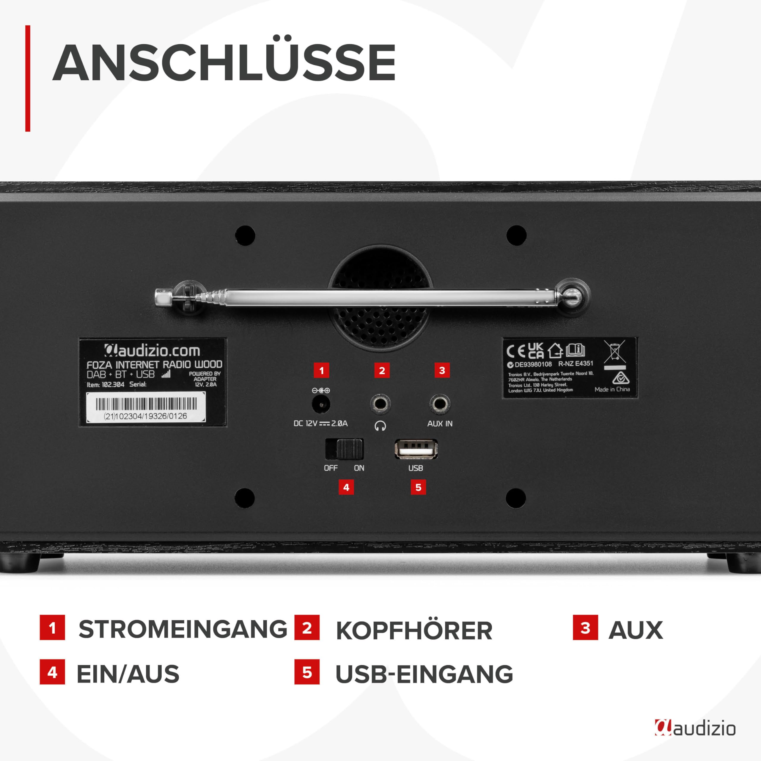 Audizio Foza - Internetradio WLAN, DAB Radio mit Bluetooth, Fernbedienung, 50 Watt, FM, AUX in, USB, MP3, Kopfhörer Anschluss, DAB Plus Radio, Küchenradio, Dual Alarm, Sleeptimer - Schwarz
