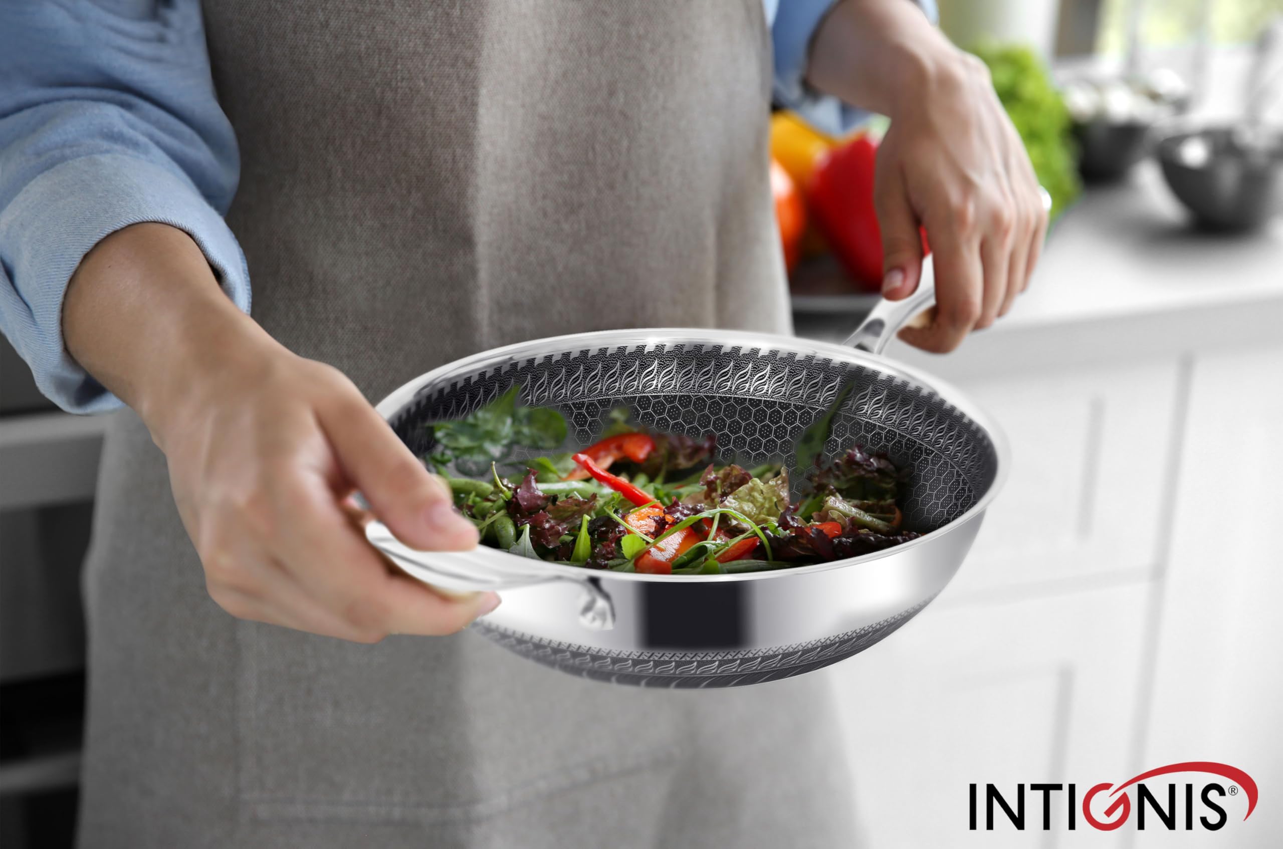 INTIGNIS® 28 cm stalowa patelnia do woka z pokrywką | 5L mocna patelnia nieprzywierająca | indukcja, odporna na piekarnik | zmywarkobezpieczna | odporna na zarysowania | duża patelnia z pokrywką do