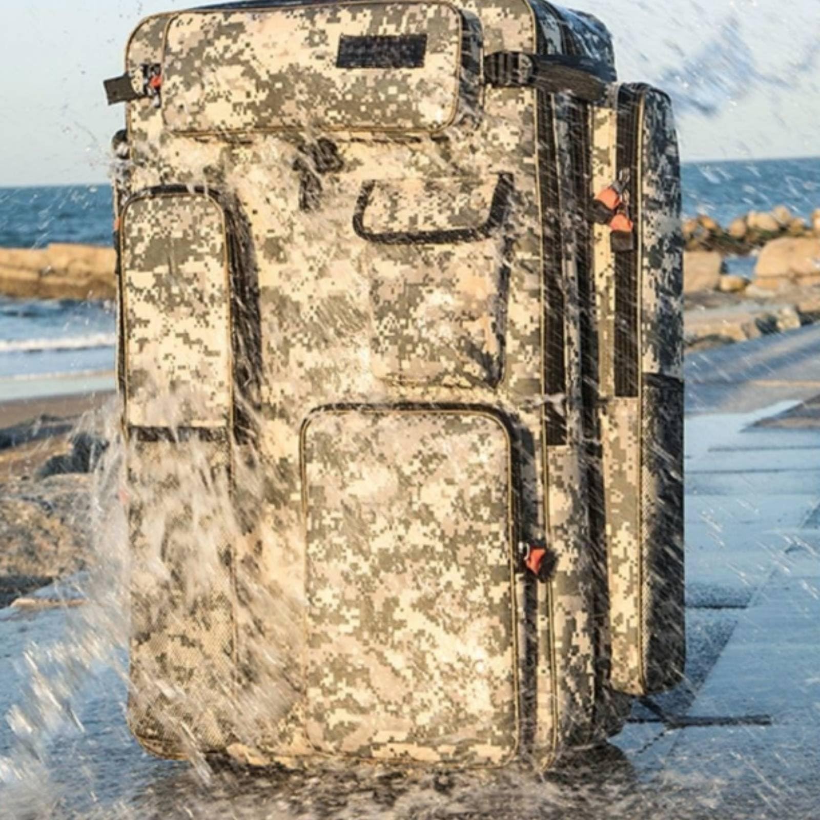 harayaa Angeltasche Angelrucksack Rutenhalter Tackle Organizer Gerätekoffer mit Mehreren Fächern für Rute Kescher Stuhl Zubehör für See Boot Fluss Trekking Geeignet, Mehrfarbig, Tarnmuster, 70CM