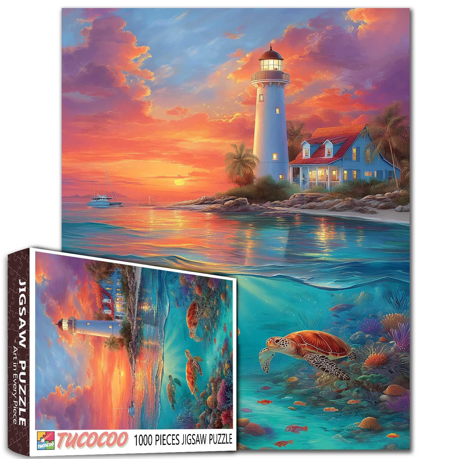 Summer 1000 Piece Jigsaw Puzzle for Adults Underwater World Ocean Scene 1000 Pieces Puzzles Sea Turtle & Lighthouse Fun Challenge Puzzle Game Toys Gift