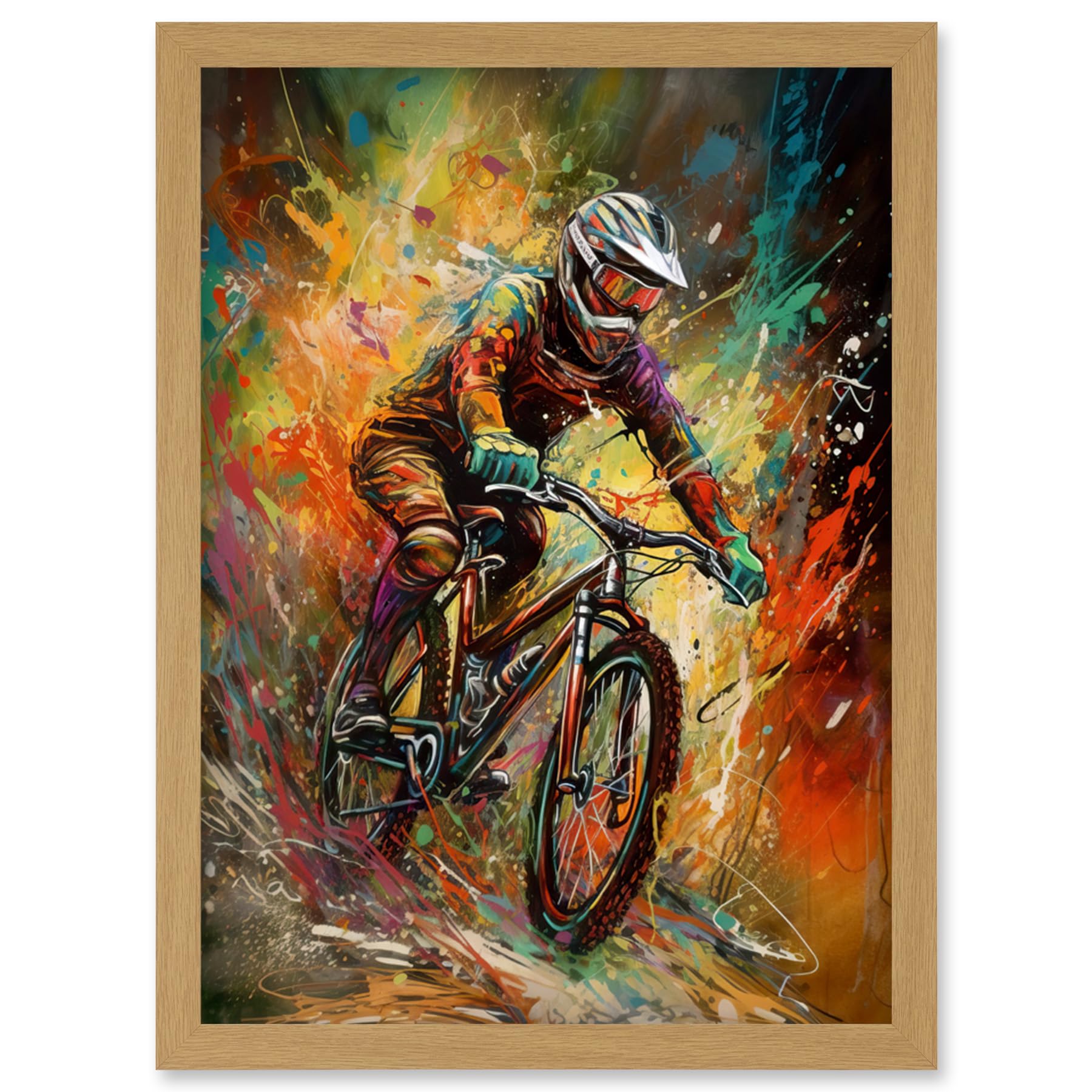 Artery8 Mountain Biker Paint Splat Portrait Action Shot Artwork Framed Wall Art Print A4