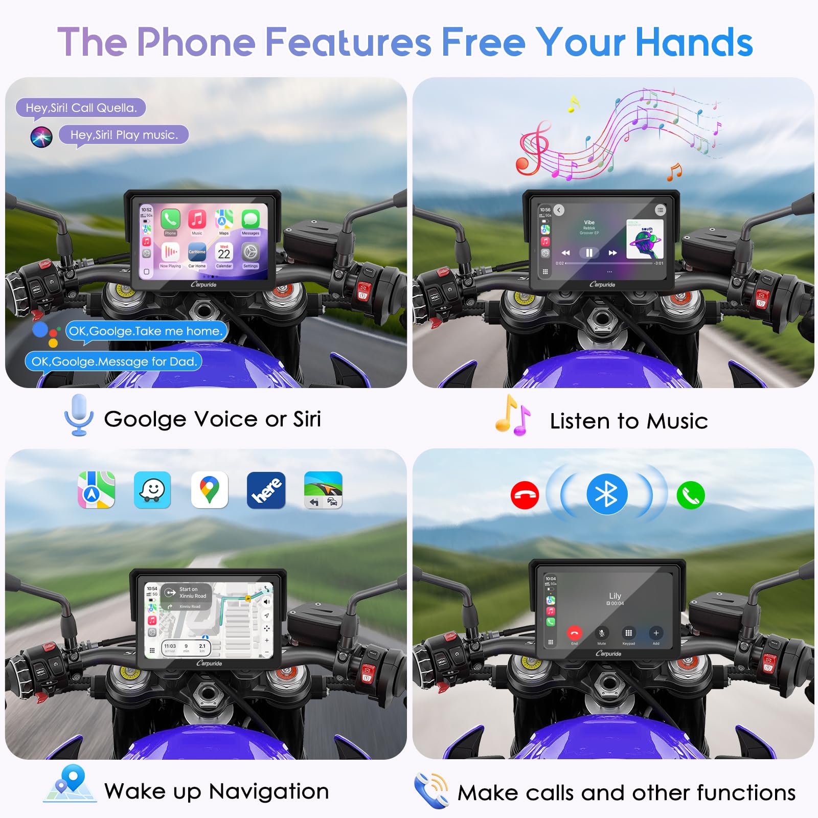 CARPURIDE W502TPRO Écran CarPlay Moto 5" Android Auto TPMS Bluetooth