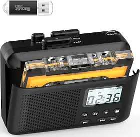 Leitor de cassete portátil, cassete para MP3 via cartão SD, leitor de fita cassete Walkman com bateria recarregável de 1000 mAh, microfone e alto-falante embutidos, conector de fone de ouvido, cartão