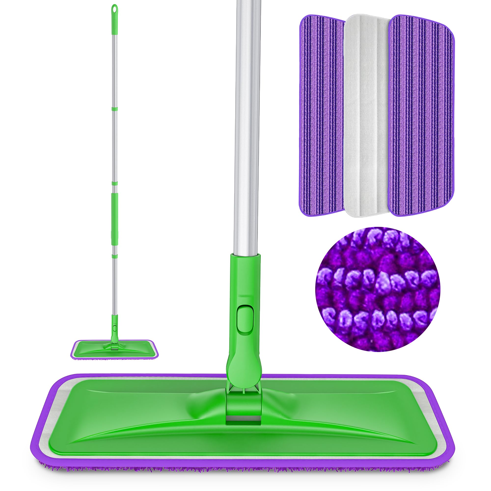 Microfibre Mops for Cleaning Floors - BPAWA Flat Floor Mop with 3 Reusable Washable Mop Pads and Adjustable Long Handle, Swivel Wet Dry Dust Mop for Hardwood Laminate Wood Tile Vinyl Wall Floors,Green