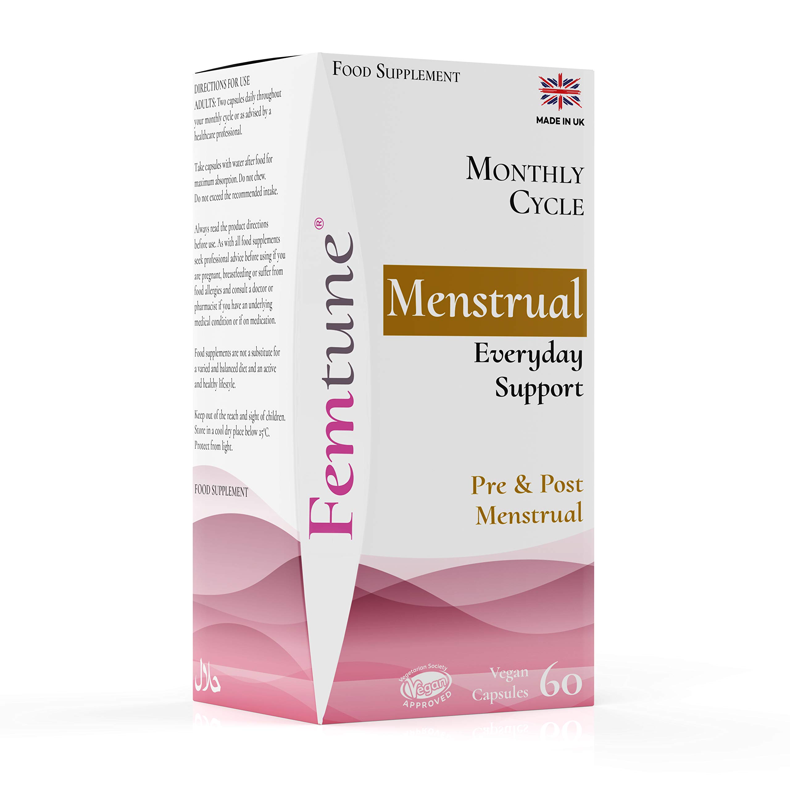 Femtune - Menstrual Support | 60 Vegan Capsules | Pre/Post Menstrual Symptoms | Support for Muscle Cramps, Bloating, Hot Flashes | Pre/Post Period Relief with Ginger & Folic