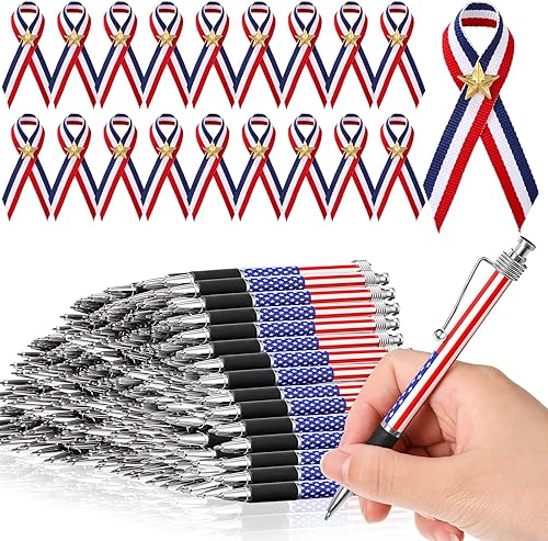 200 bolígrafos con la bandera estadounidense y pines de cinta patriótica con juego de estrellas, bolígrafos con temática patriótica de Estados
