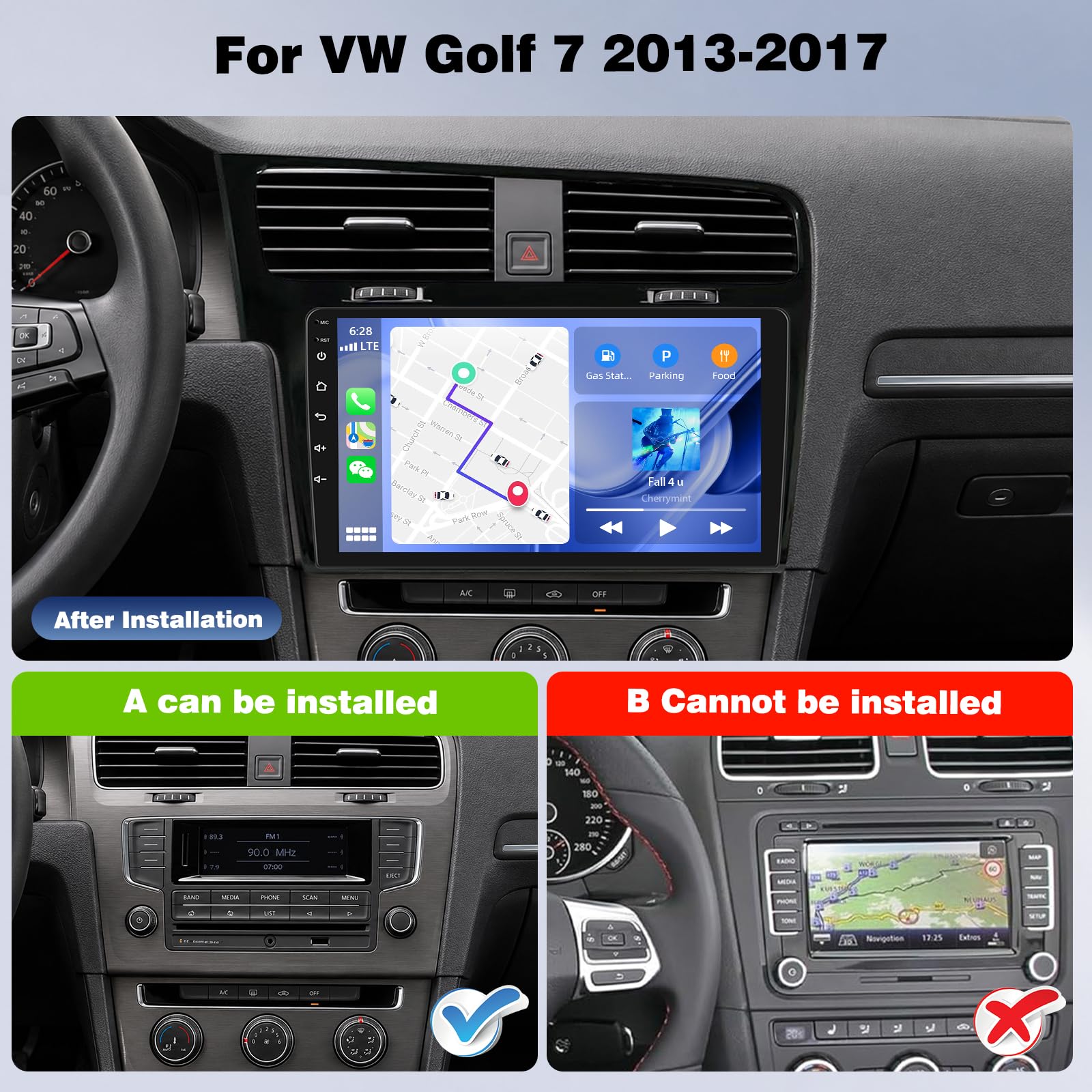 4+64GB Radio Android dla VW Golf 7 2013-2017, ekran dotykowy 9 cali z Bezprzewodowy CarPlay Android Auto, Nawigacja GPS, Bluetooth, RDS, FM, WiFi, Kamera cofania AHD