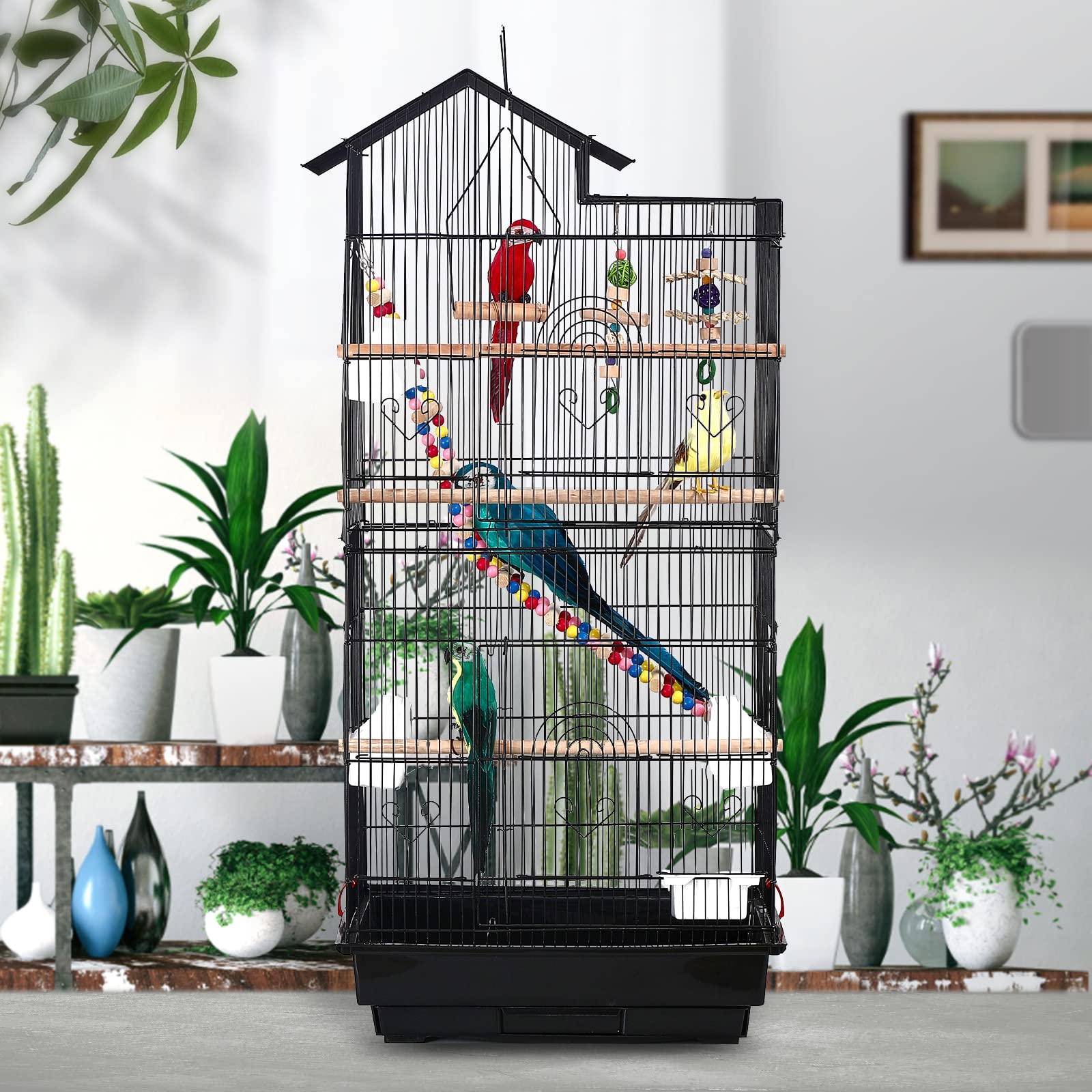 UISEBRT Jaula para pájaros con juguete de jaula - Gran aviario para pájaros, casa de aves de metal, jaula para pájaros para pinzones, canarios, periquitos, negro (Tipo A, 46 x 35.5 x 99 cm)