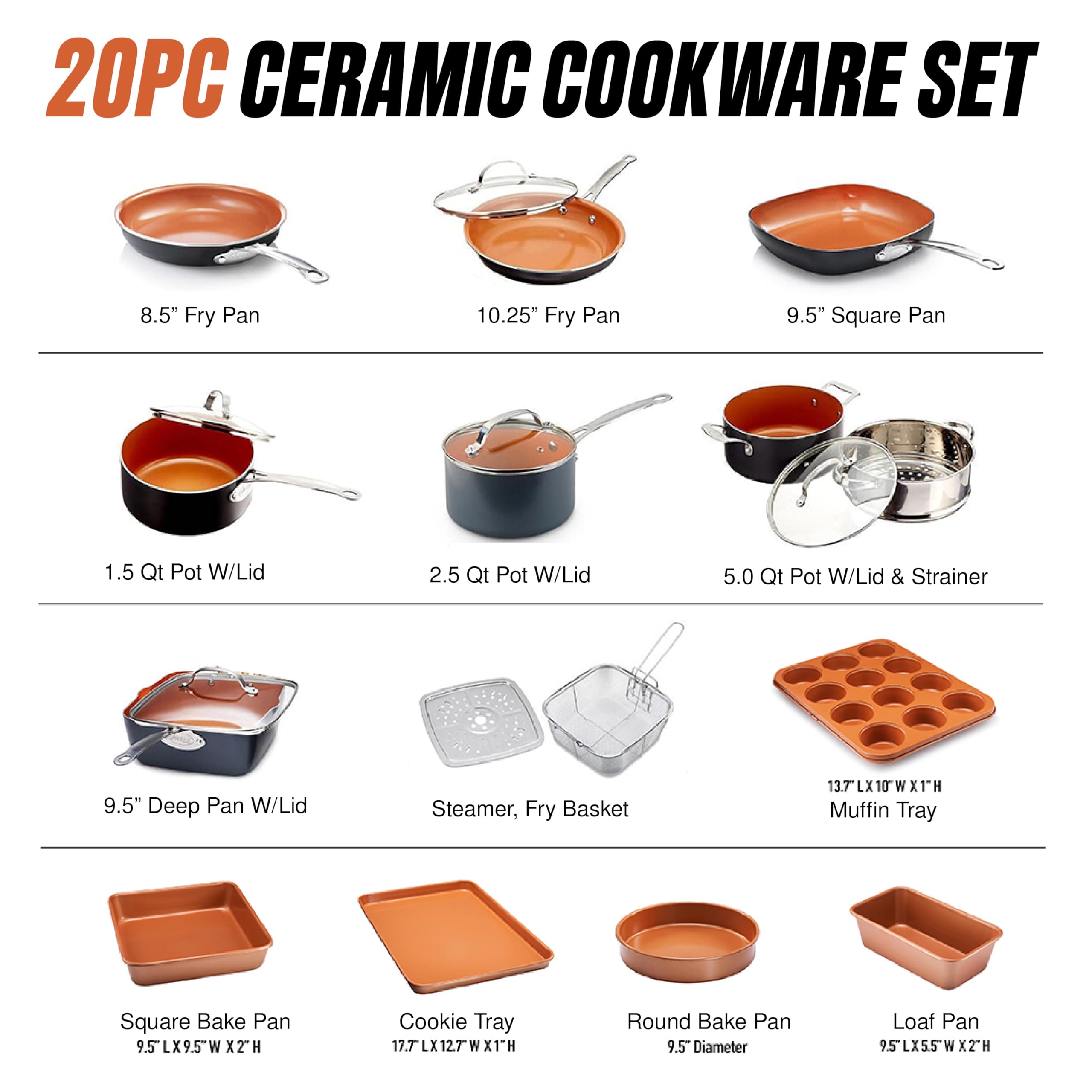 GOTHAM STEEL 1922 Trwałe kompletne naczynia kuchenne + zestaw do pieczenia | Nieprzywierające ceramiczne patelnie z powłoką miedzianą, patelnie, garnki, głęboki kwadratowy kosz do smażenia, arkusz