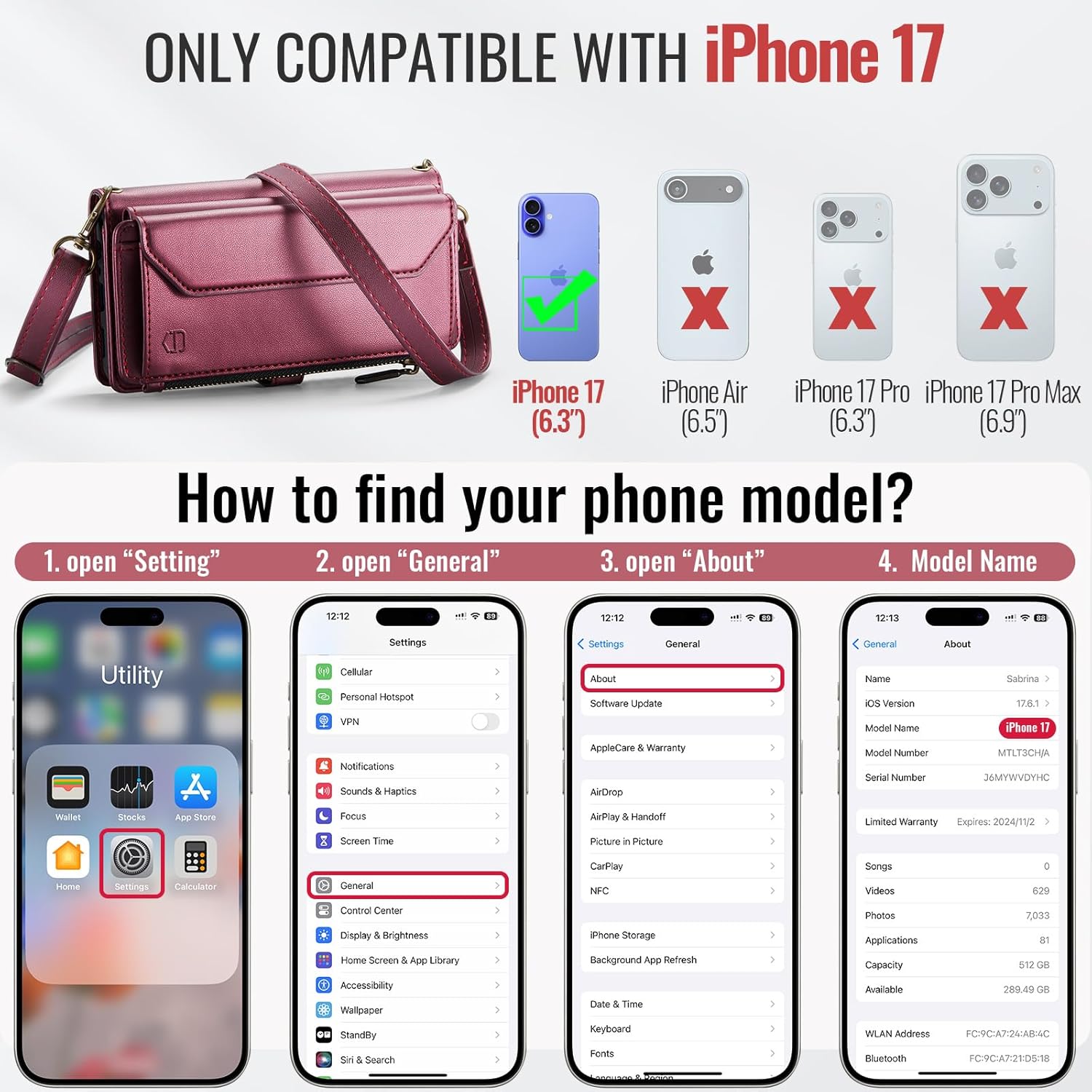 Strapurs Wallet Case Compatible with iPhone 17 6.3" RFID Blocking 9-Card Holder Soft PU Leather Magnetic Snap Shoulder Strap Zipper Pocket Phone Case Fit for iPhone 17 for Women - WineRed