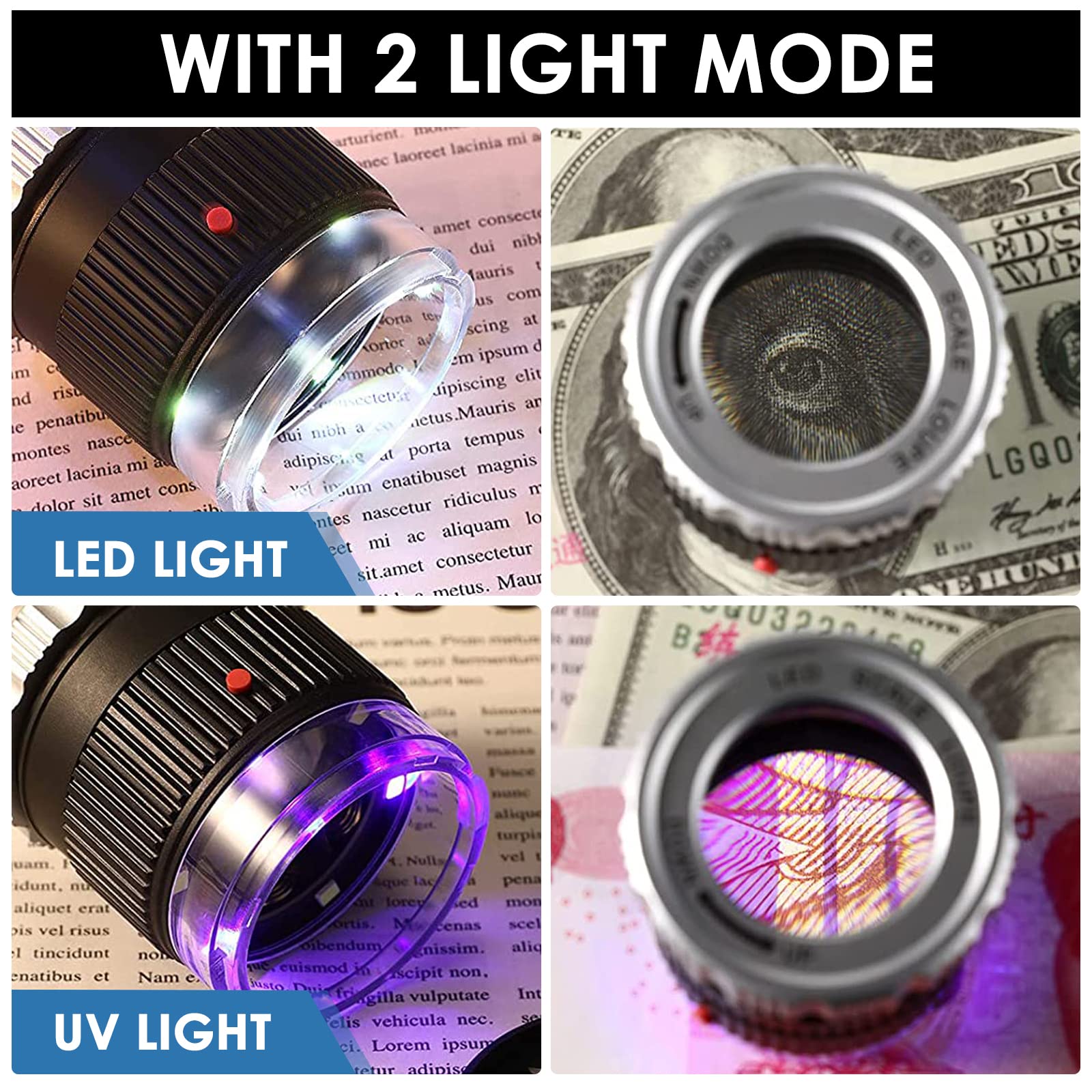 Lente d'ingrandimento 10X - LED illuminato, UV illuminato, lunghezza focale regolabile, lente d'ingrandimento per gioielli tessili monete francobolli bordo gemme
