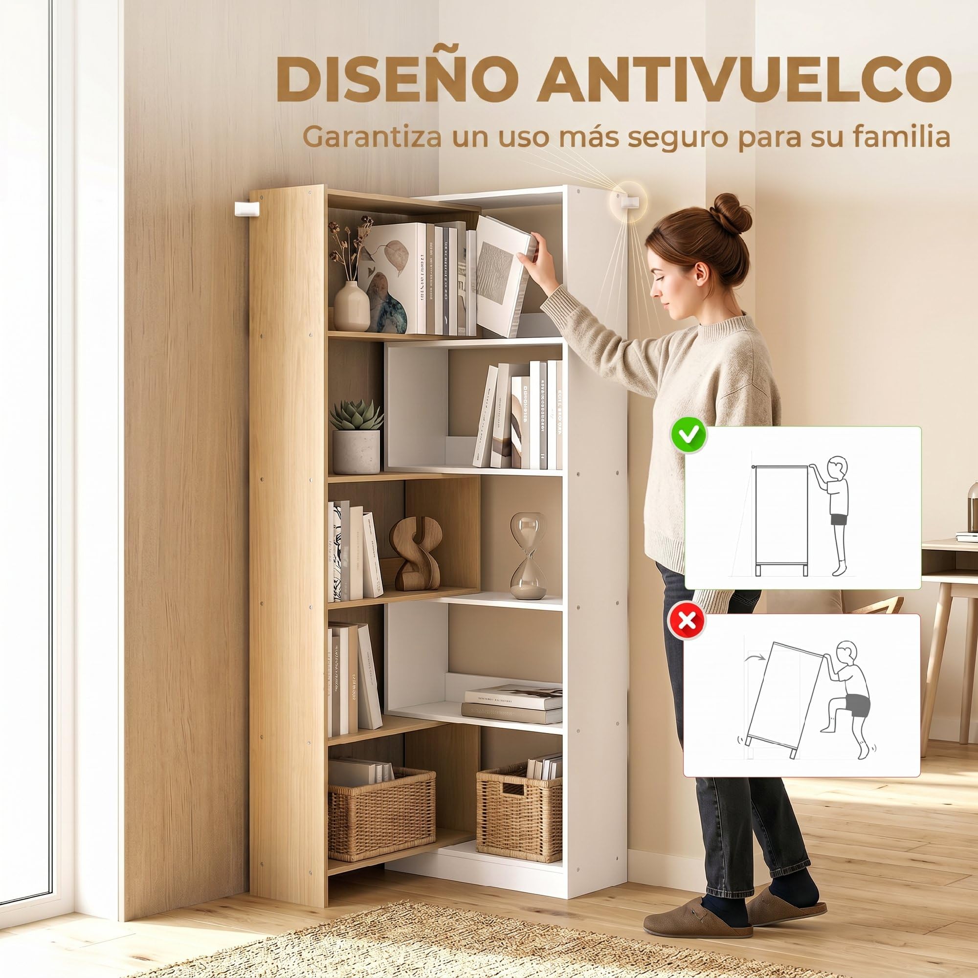 HOMCOM Estantería Expandible 5 Niveles 111,5x23,8x163,7cm Natural Blanco | Librería para Libros Giratoria 350°, Ancho Ajustable, Convertible en L Recta o Compacta, para Salón Dormitorio Estudio