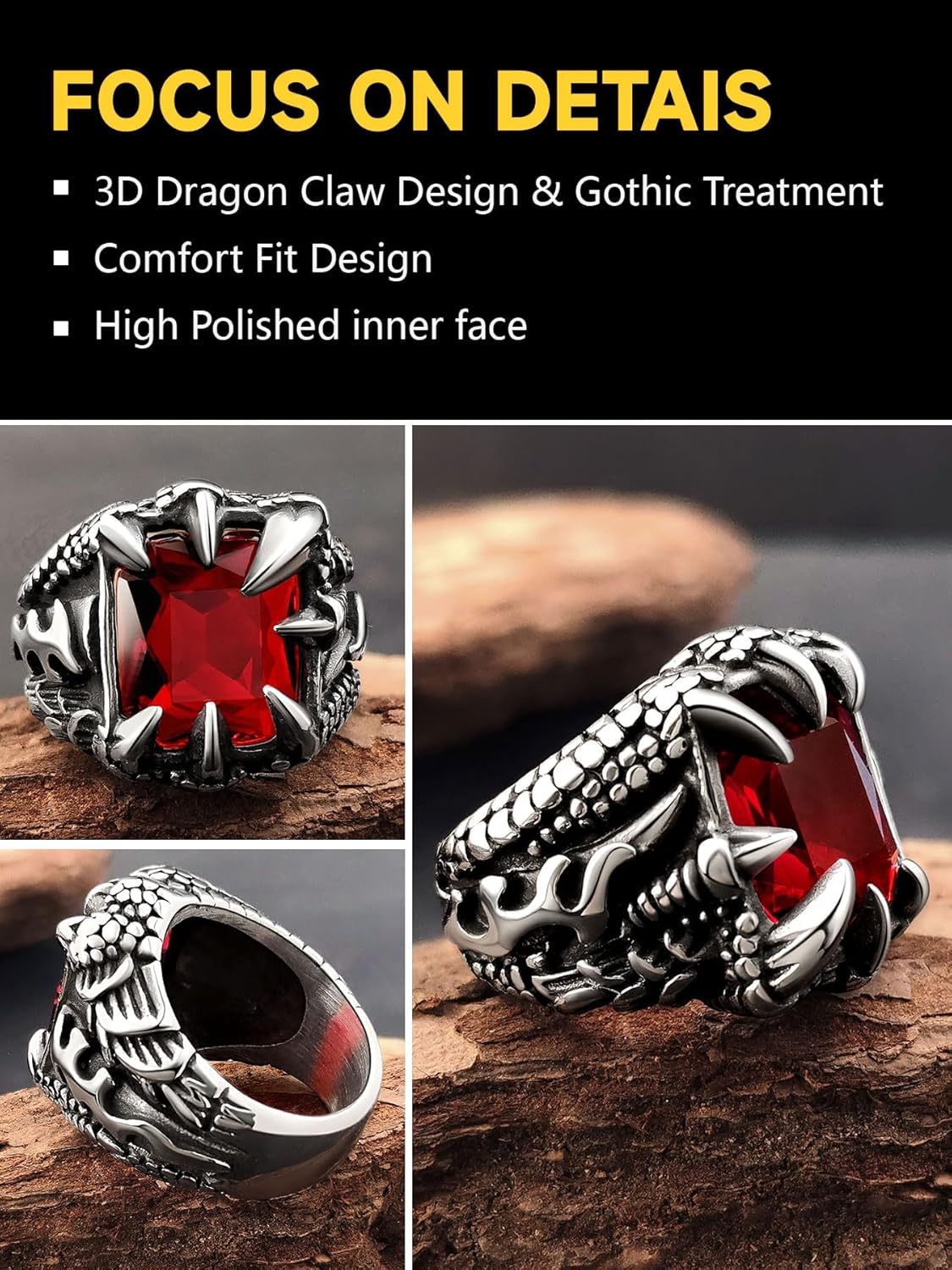 Men's Stainless Steel Dragon Claw Ring - Gothic Biker Style with Black/18K Gold Finish, Red/Black Gemstone, Crystal Stone Signet Ring Punk Jewelry, Size 7-14, Includes Gift Box - Image 4