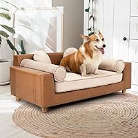 Vista 1 de dCee Sofá cama de lujo para perros, sofá de cuero de lujo de 42 pulgadas para perros grandes, cojín de terciopelo lavable, marco de madera