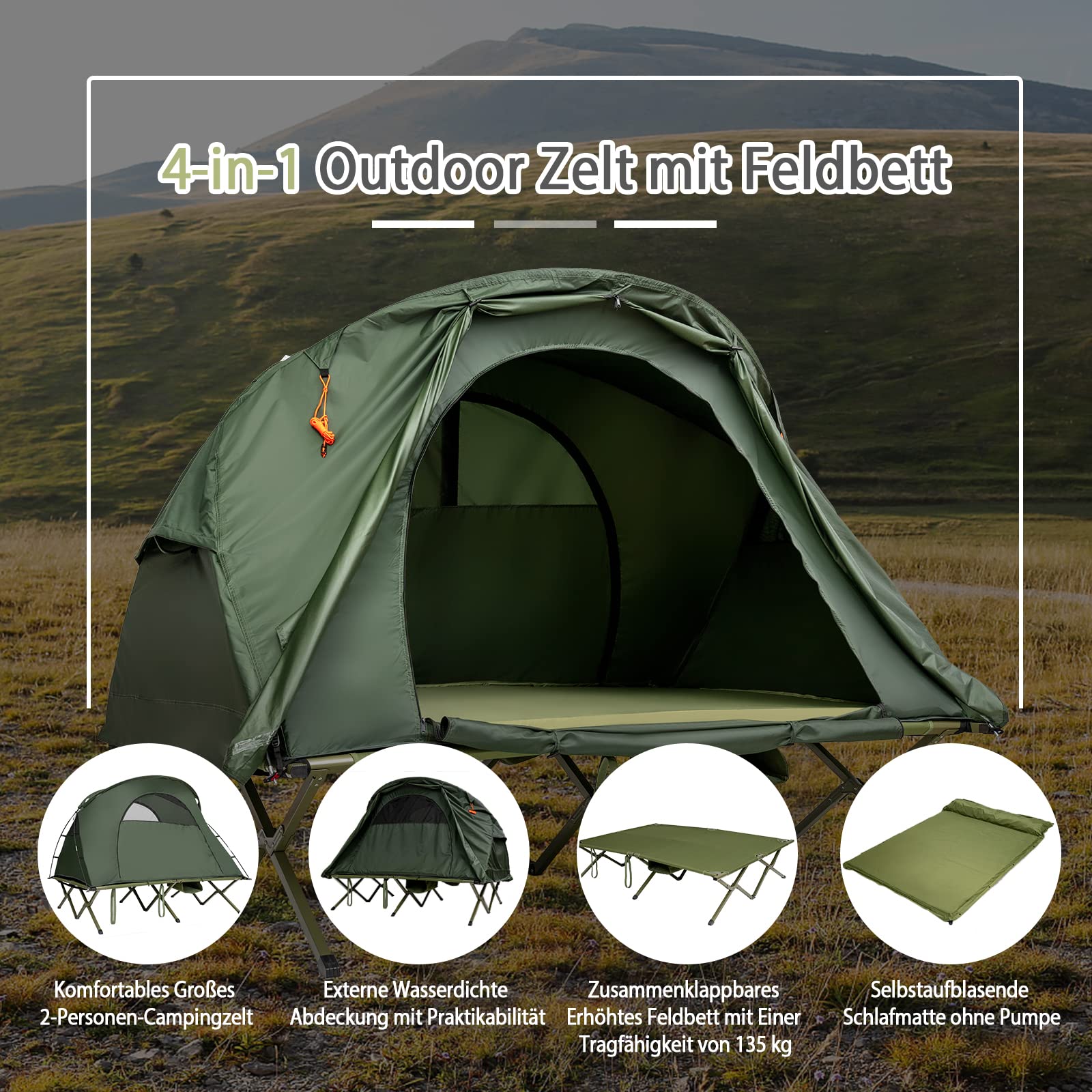 COSTWAY Feldbett mit Zelt für 2 Personen, Campingbett Campingzelt mit selbstaufblasender Luftmatratze, wasserdichter Abdeckung, Tragetasche und Schuhaufbewahrungstasche, 194 x 146 x 160 cm