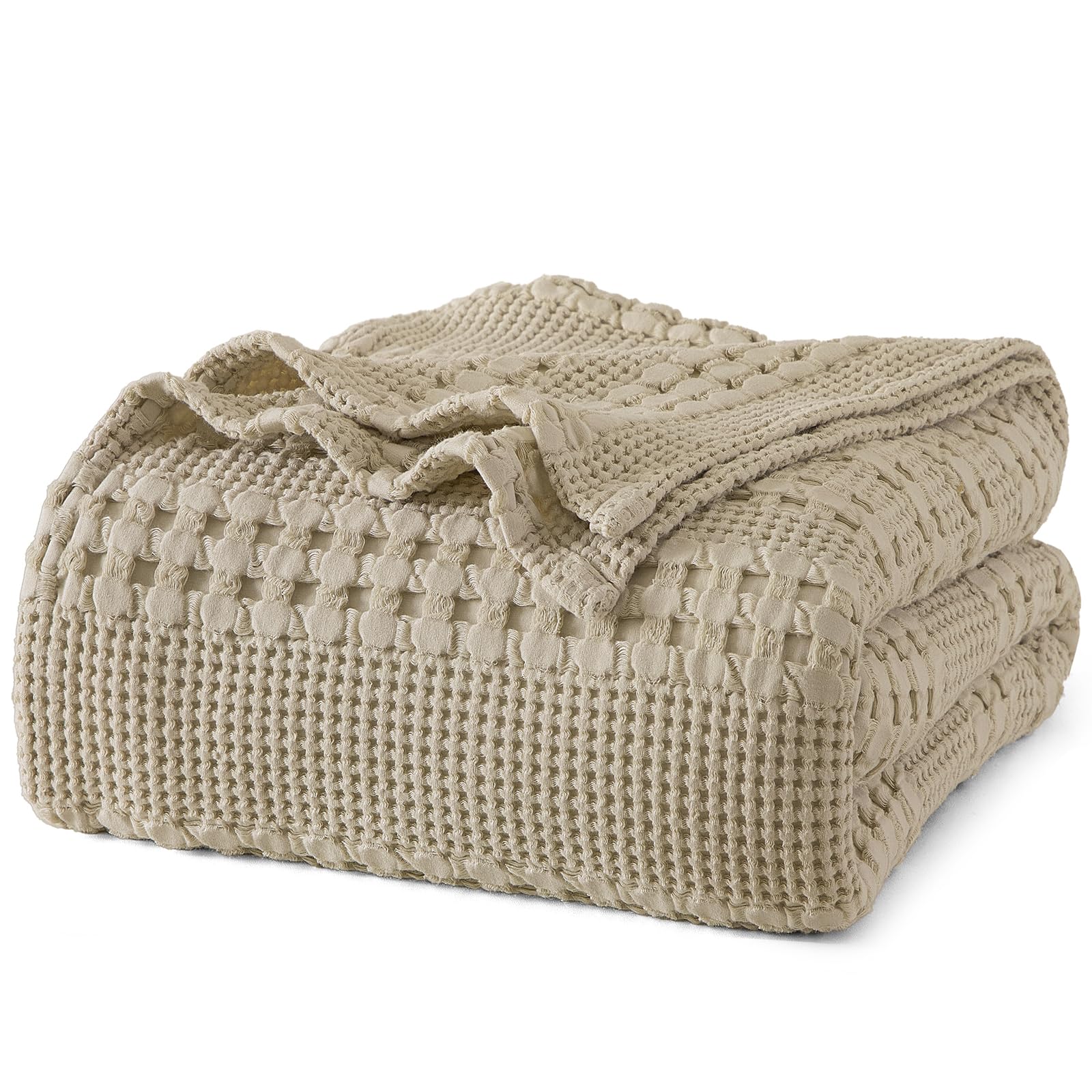 phf 100% cotton waffle weave blanket queen size for bed, soft lightweight & breathable for spring and summer, all-season comfort, luxury aesthetic blanket for home decor, 90"x90", khaki