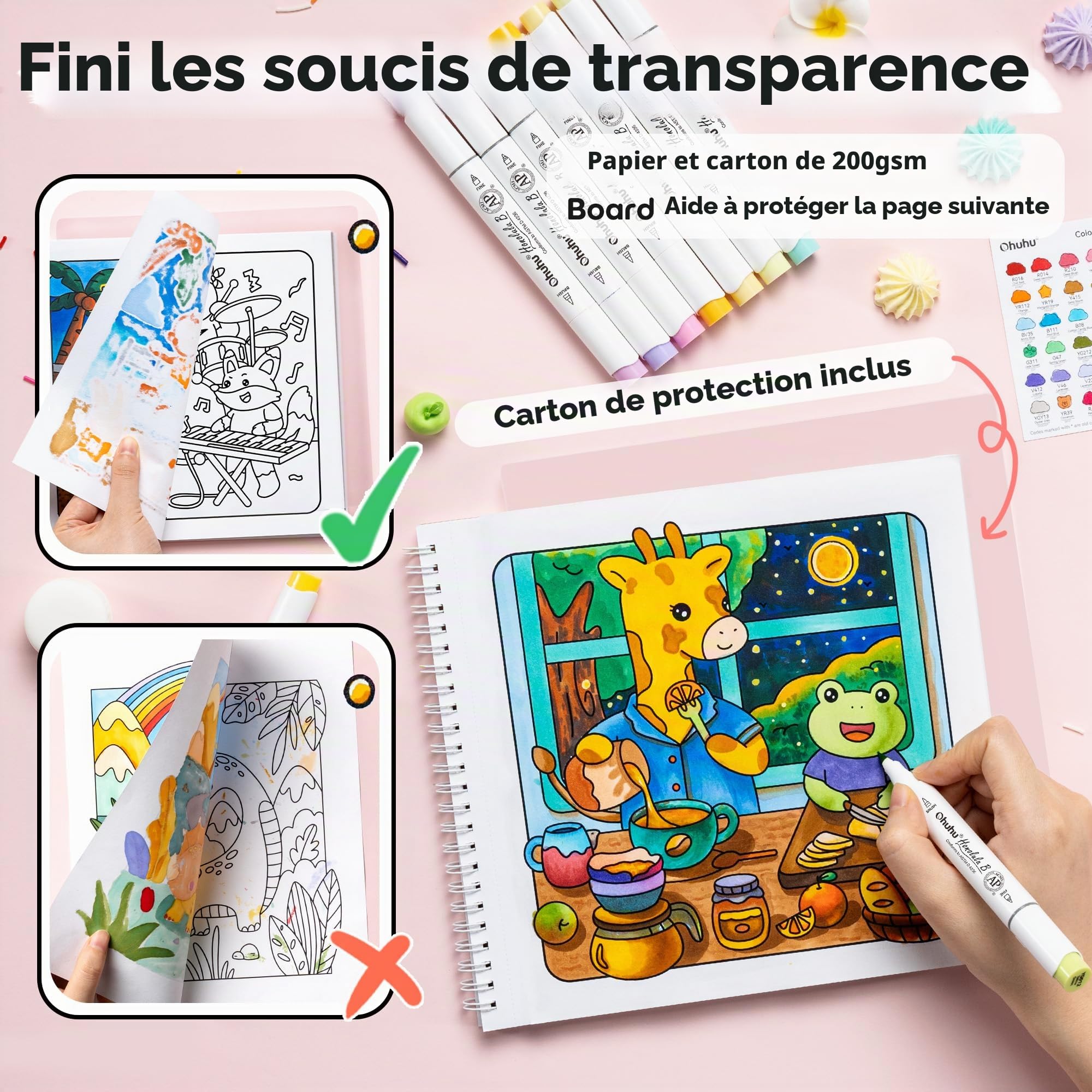 Ohuhu Honolulu B Lot de 48 marqueurs à alcool avec livre de coloriage, certifié AP - Marqueurs artistiques rechargeables à double pointe pour coloriage adulte, illustration, cadeau anti-stress pour