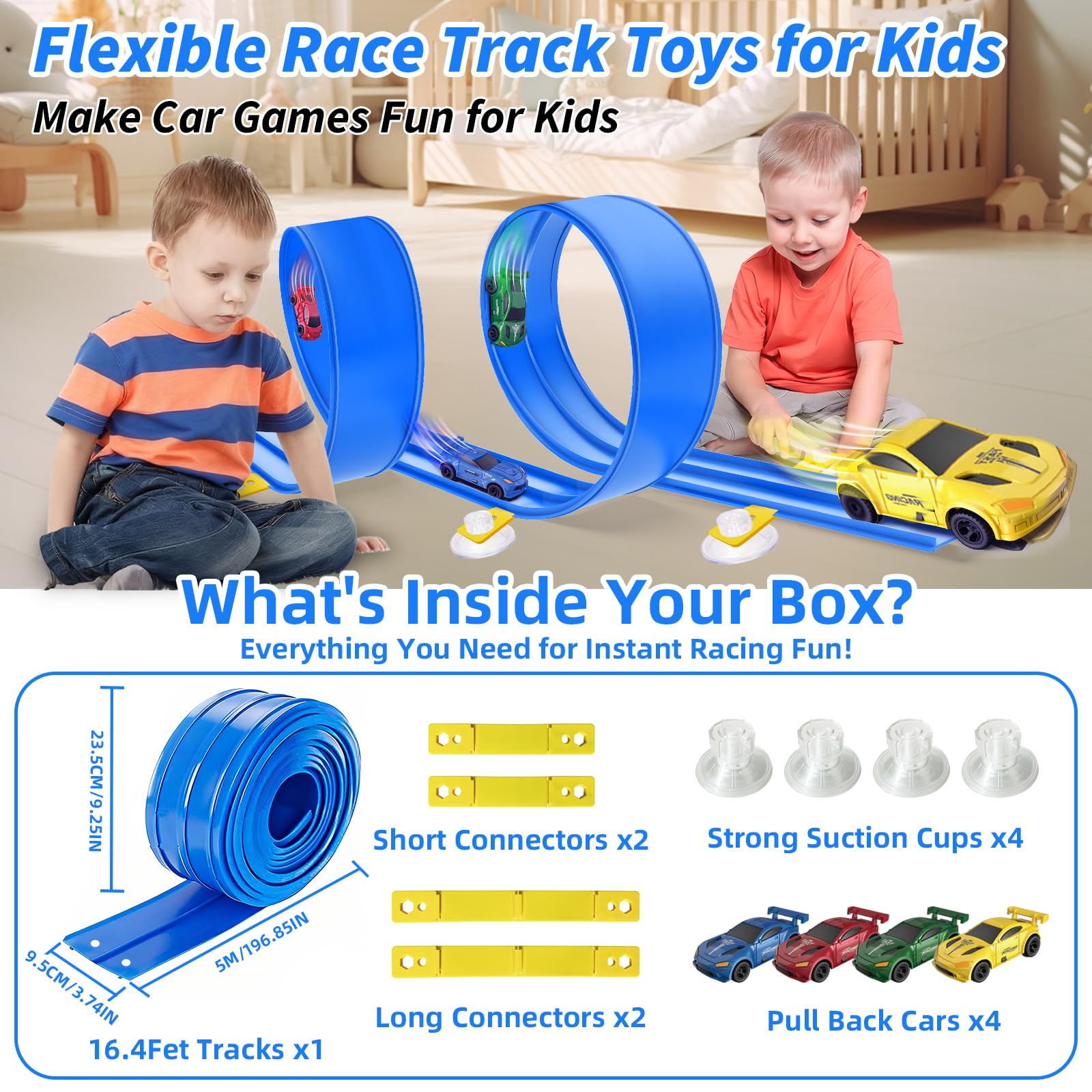 RedCrab Flexible Race Track for Kids,16.4ft Flexible Race Car Ramp Track with 4 Cars & 4 Suction Cups - Image 2