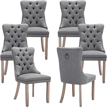Linen Upholstered Dining Chairs Set of 6, Gray Mid Century Modern Dining Chairs, Kitchen & Dinning Chairs with Wood Legs, Kitchen Chairs Set of 6, Sillas de Comedor Grey, 6 Pcs