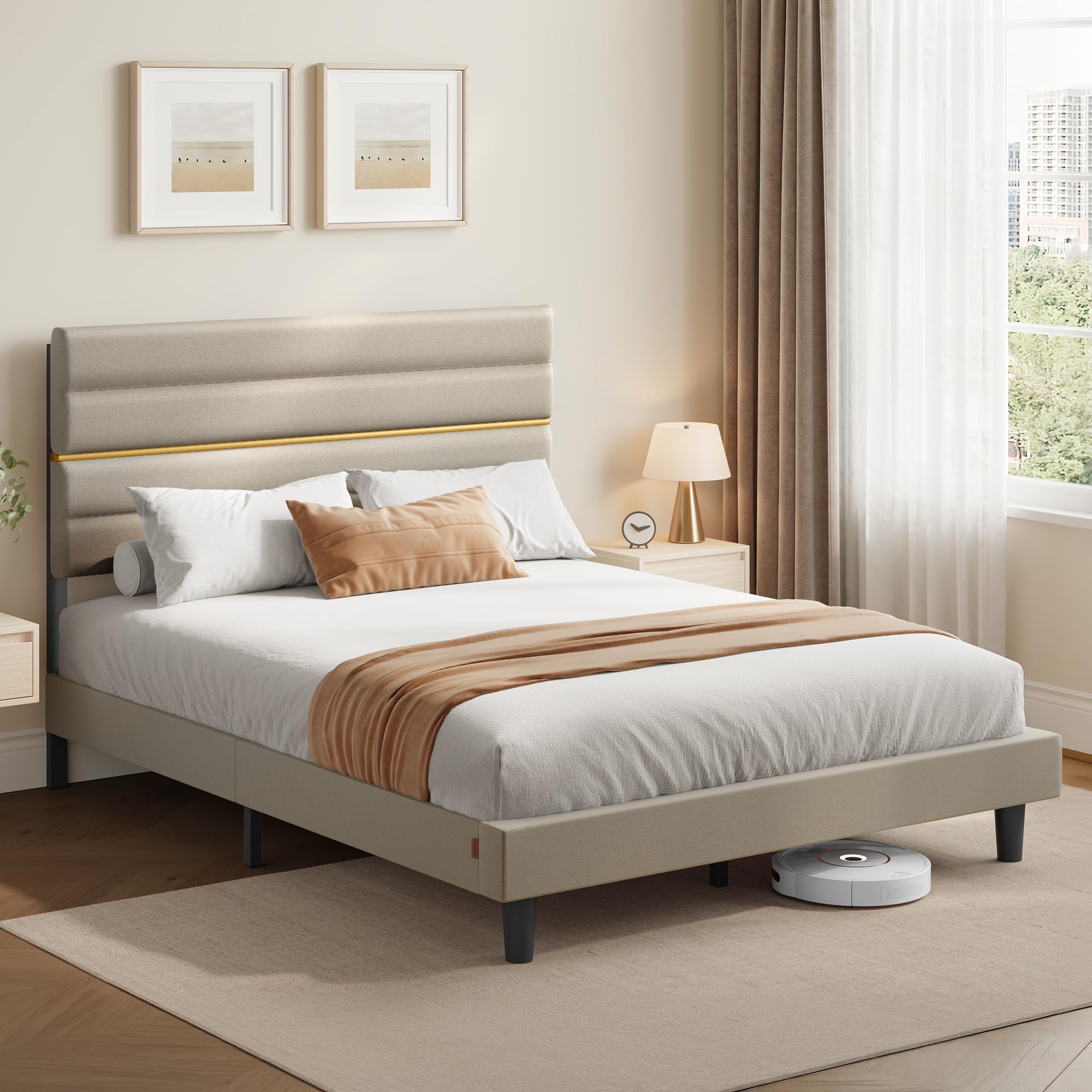 VASAGLE Polsterbett, Doppelbettgestell, Bettgestell, passend für 160 x 200 cm Matratze, verstellbares gepolstertes Kopfteil, Bettrahmen, Metall, Massivholz, modern, cappuccinobeige RMB505LH01