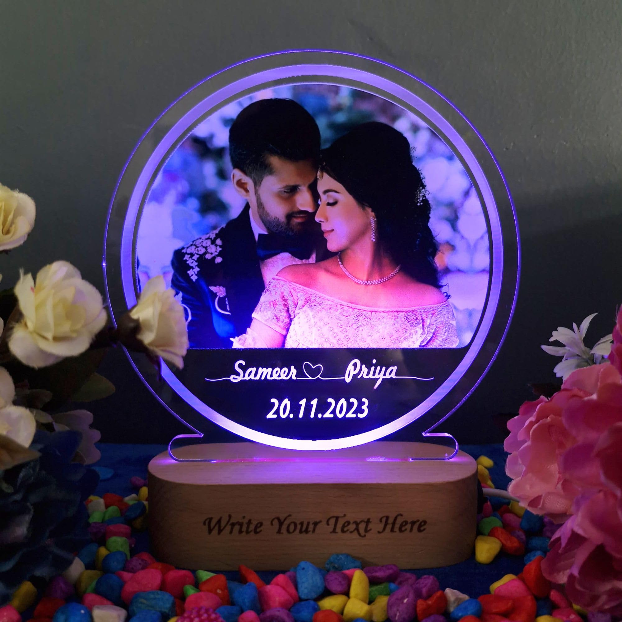 SHAYONA Personalized UV Printed Photo 3D Illusion LED Table Lamp for Couple Gift for Anniversary, Wedding, Marriage, Valentine Day- Your Wooden Base Text Egraved (Warm White) 3