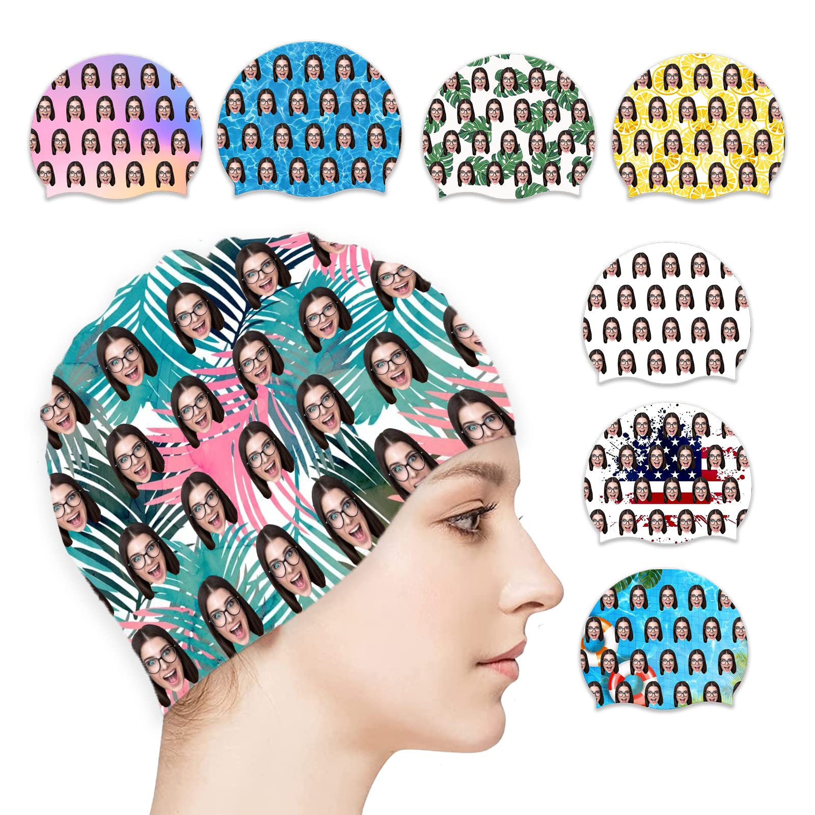 Custom Swim Cap with Your Photo Personalized Silicone Swim Cap for Men and Women Swimming, Flexible Adult Swimmers Cap for Short and Medium Length